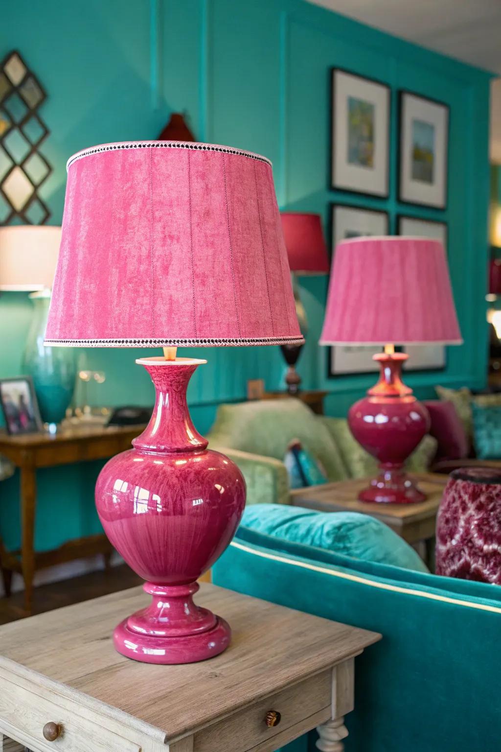 Change the mood with pink lampshades that cast a calming glow.
