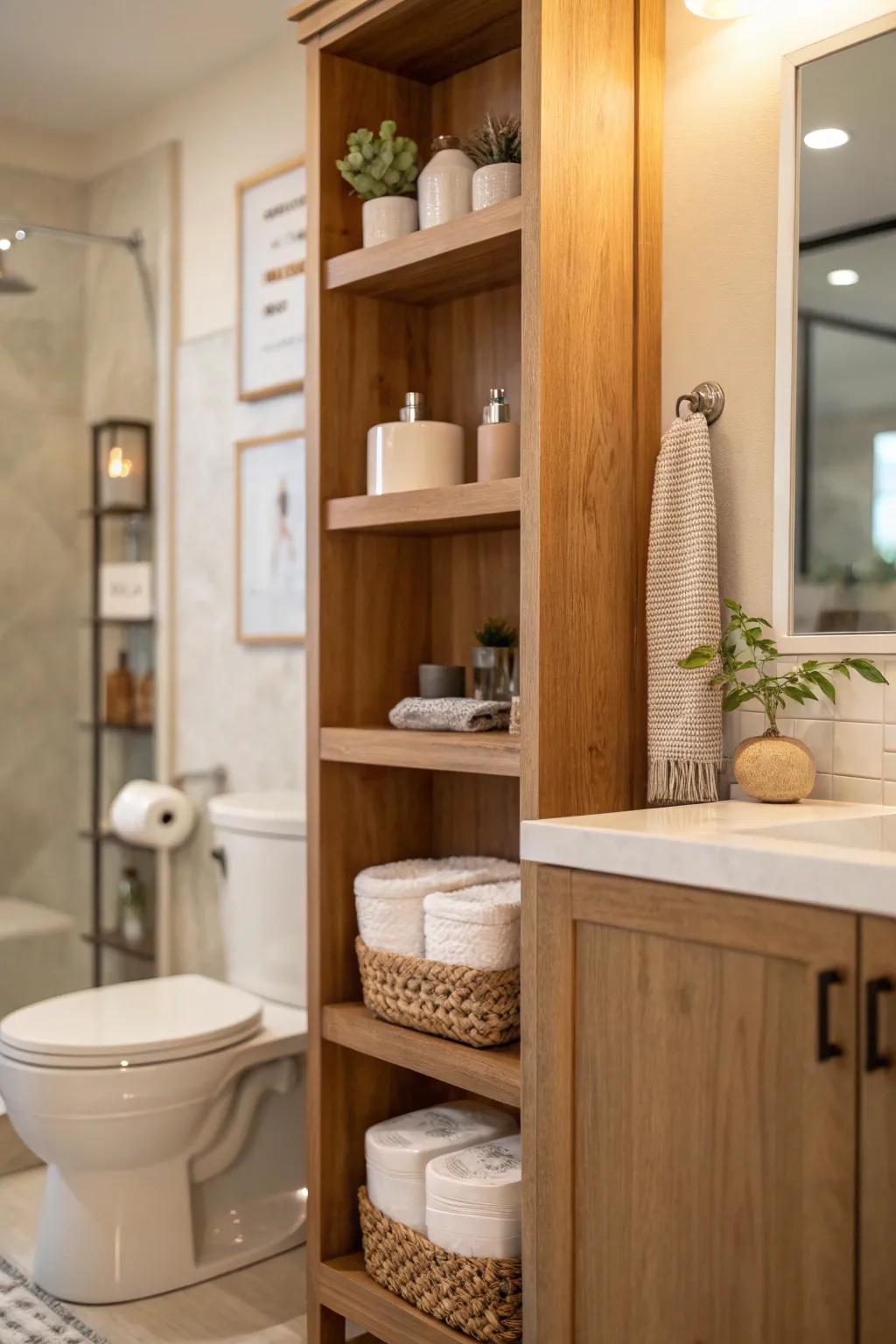 Custom shelving offers a seamless storage solution for a polished look.