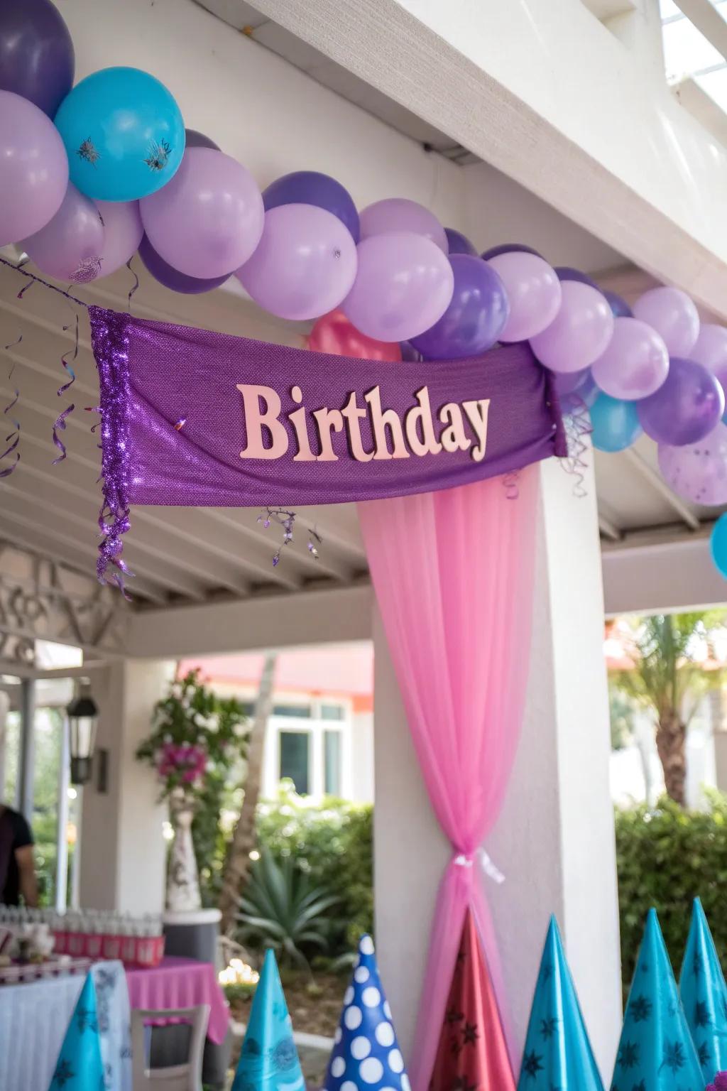 Celebrate with customized purple banners that add a personal and heartfelt touch to your decor.