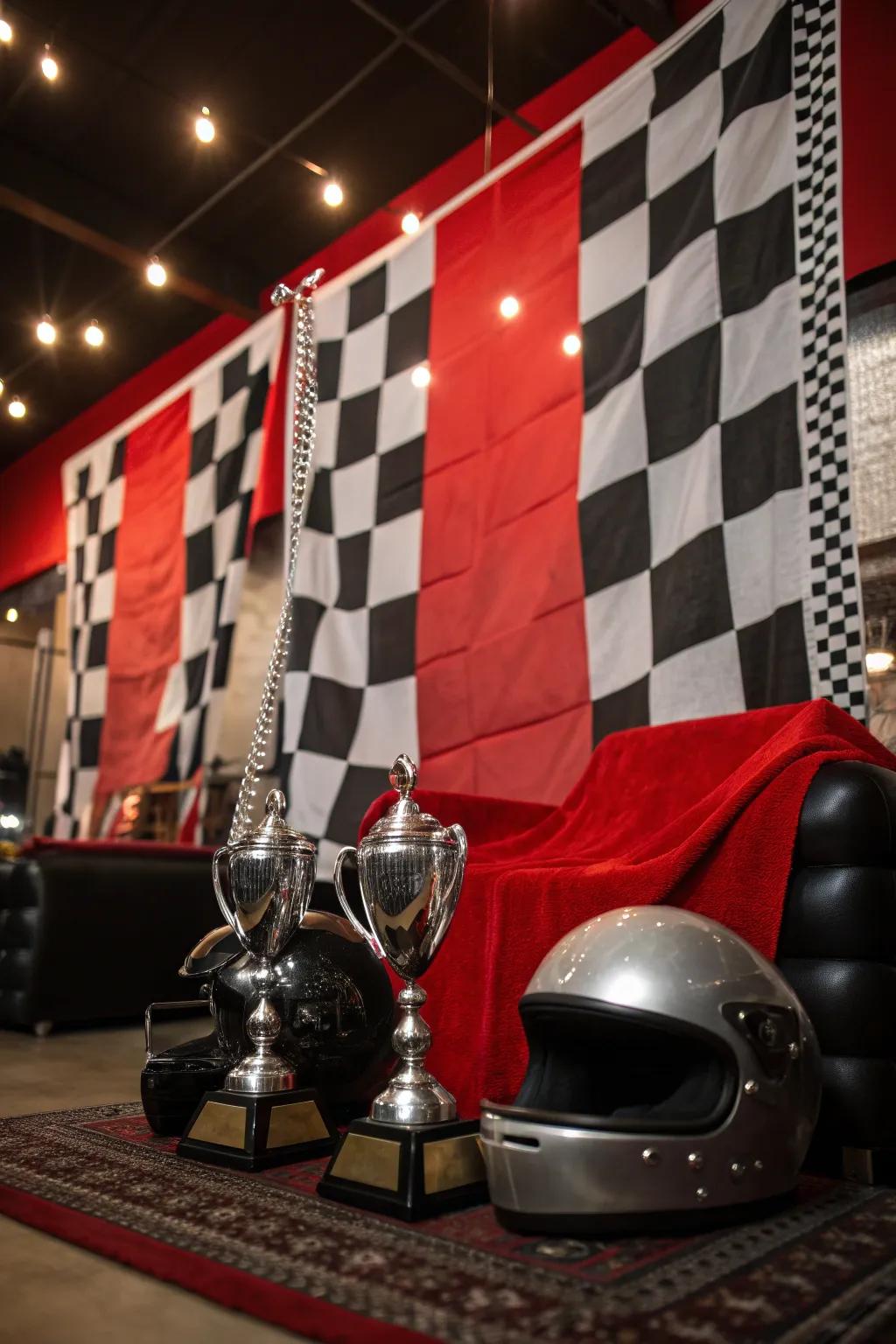 A Grand Prix photo wall invites guests to create lasting memories with fun and engaging photo ops.