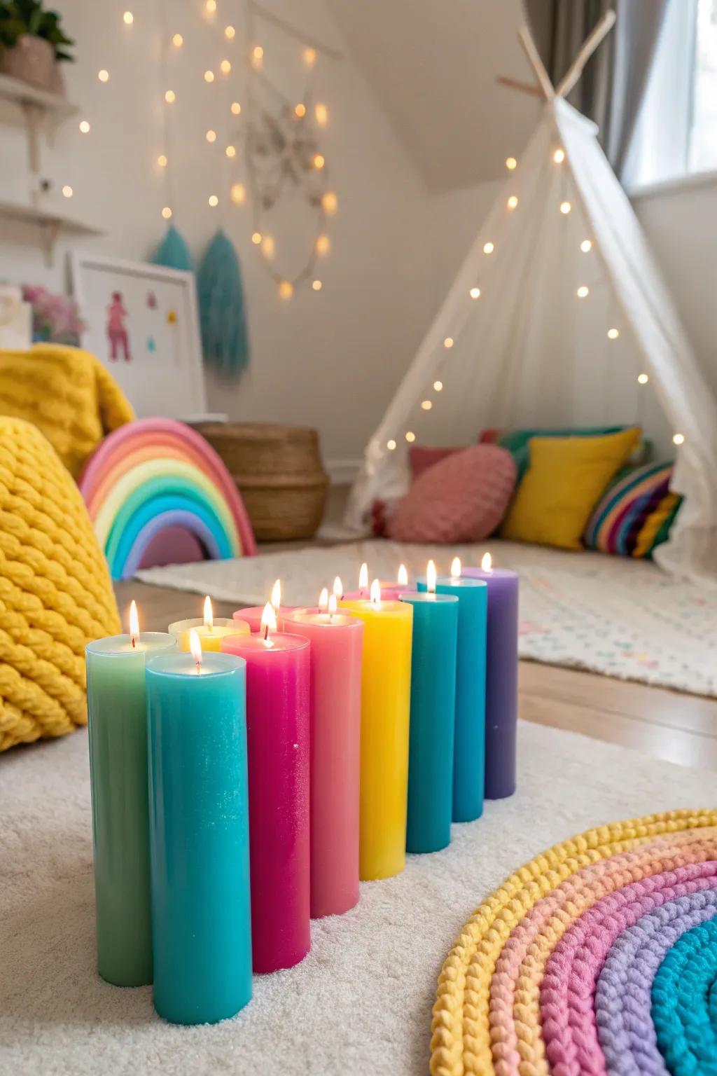 Rainbow candles provide a gentle glow and a splash of color, perfect for enhancing the room's ambiance.