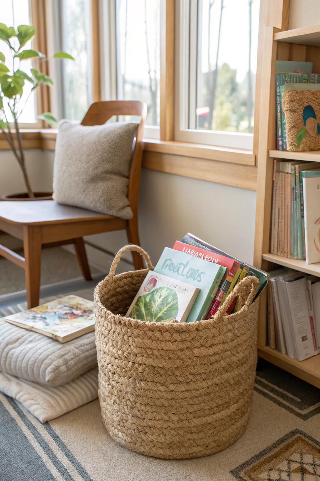 Personalize your reading area with DIY book baskets.
