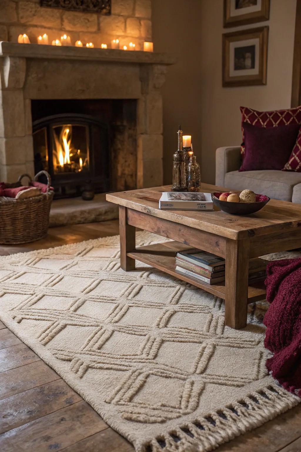 Enrich your space with a textured rug that adds warmth and depth.