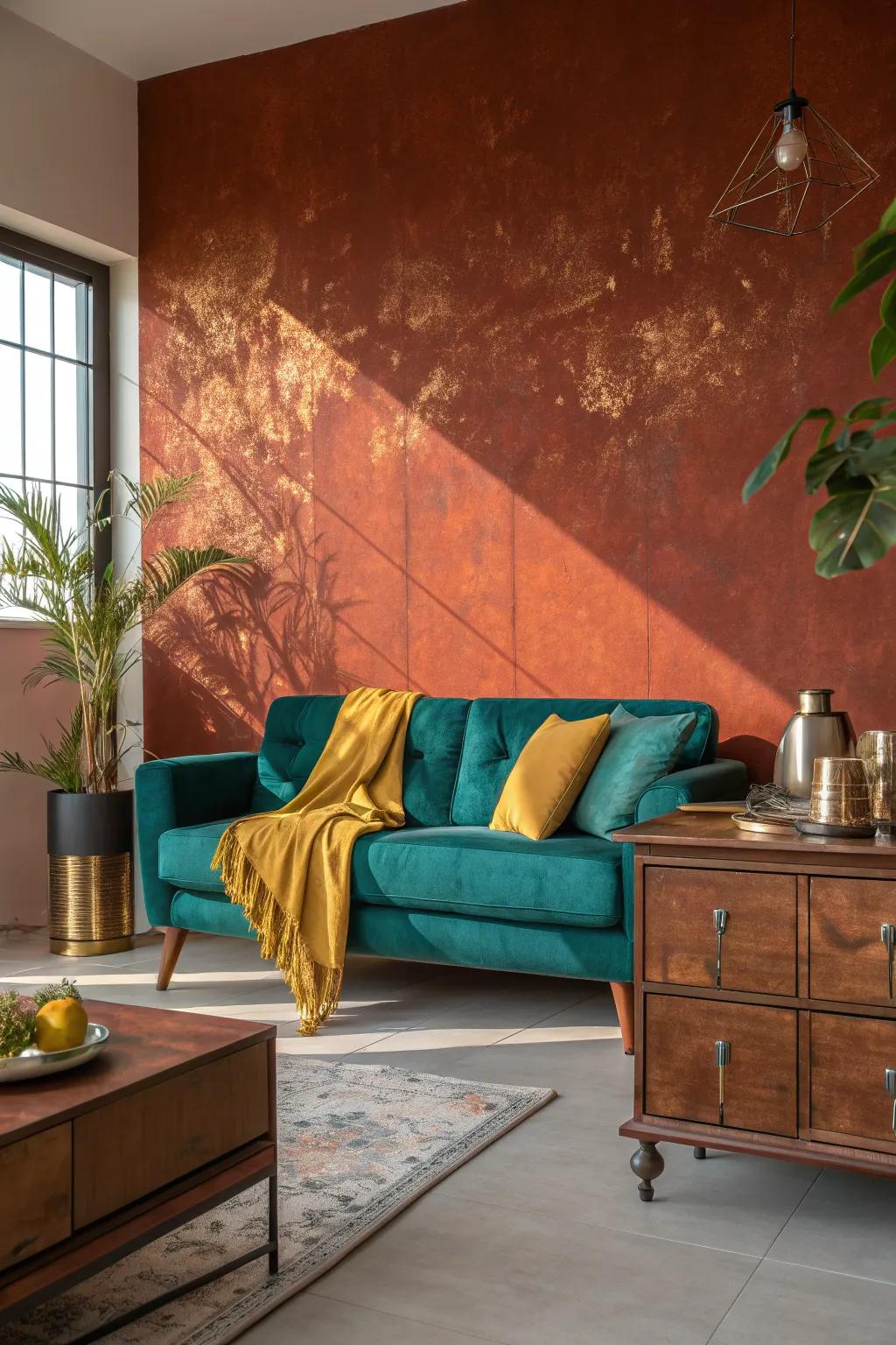 A rust accent wall makes a bold statement, elevating your living room's design.