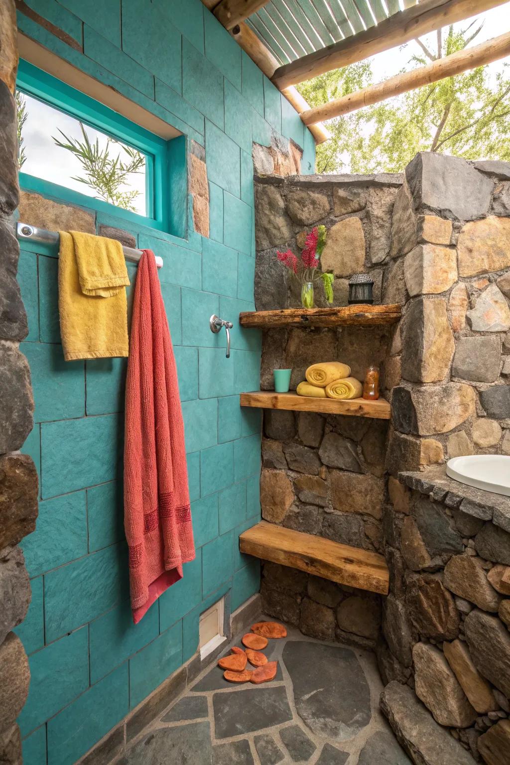 Live-edge wood brings a touch of handcrafted beauty, complementing the natural stone elements.