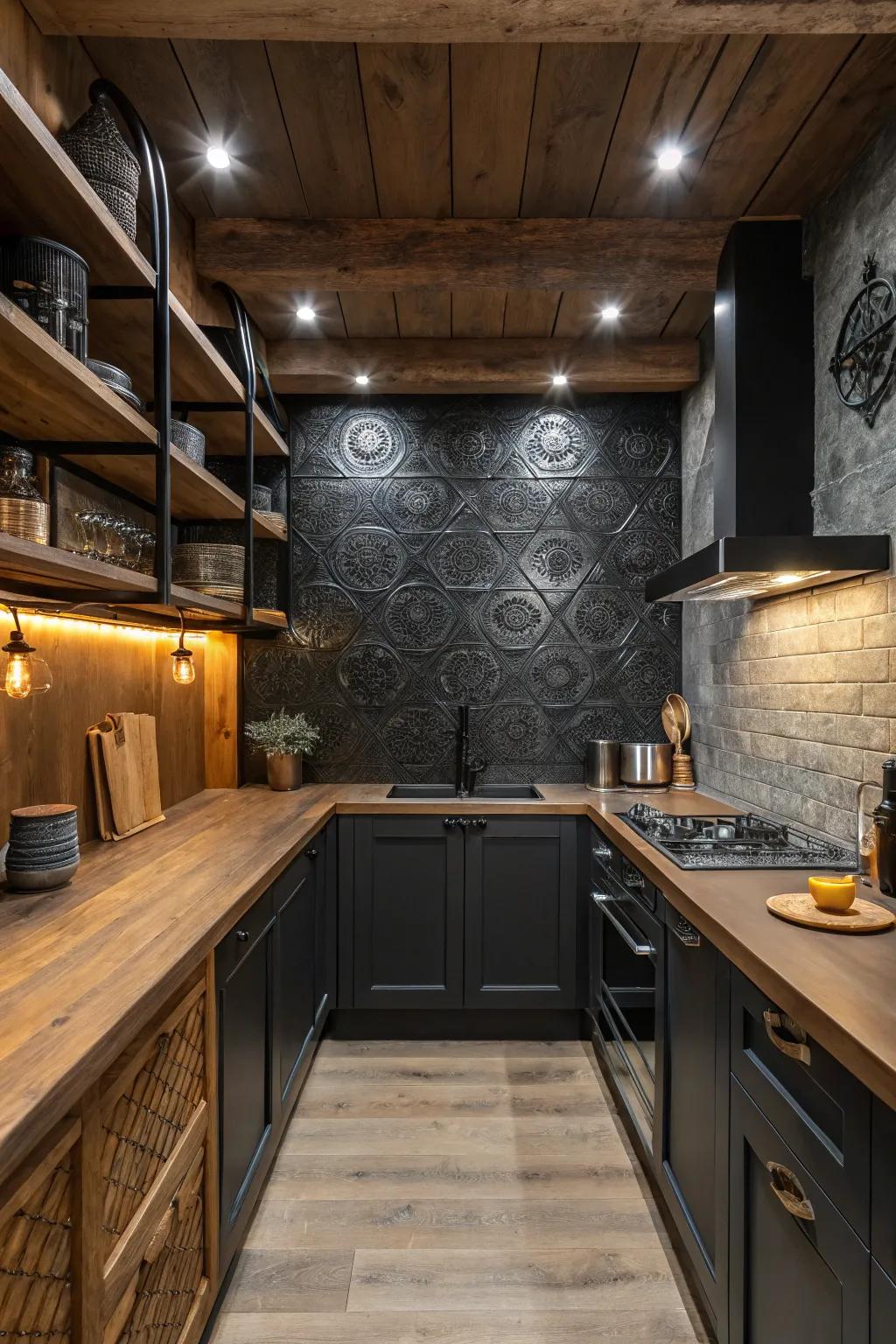Create a dramatic effect with <strong>dark tin tiles</strong>, perfect for a bold kitchen statement.” loading=”lazy” class=”pimg”>
	</picture><figcaption>Create a dramatic effect with <strong>dark tin tiles</strong>, perfect for a bold kitchen statement.</figcaption></figure>
<p>Opt for dark tin tiles to create a dramatic, moody kitchen atmosphere. This can be especially striking when paired with lighter elements for contrast.</p>
<h3>You might give these a try:</h3>
<ul class=