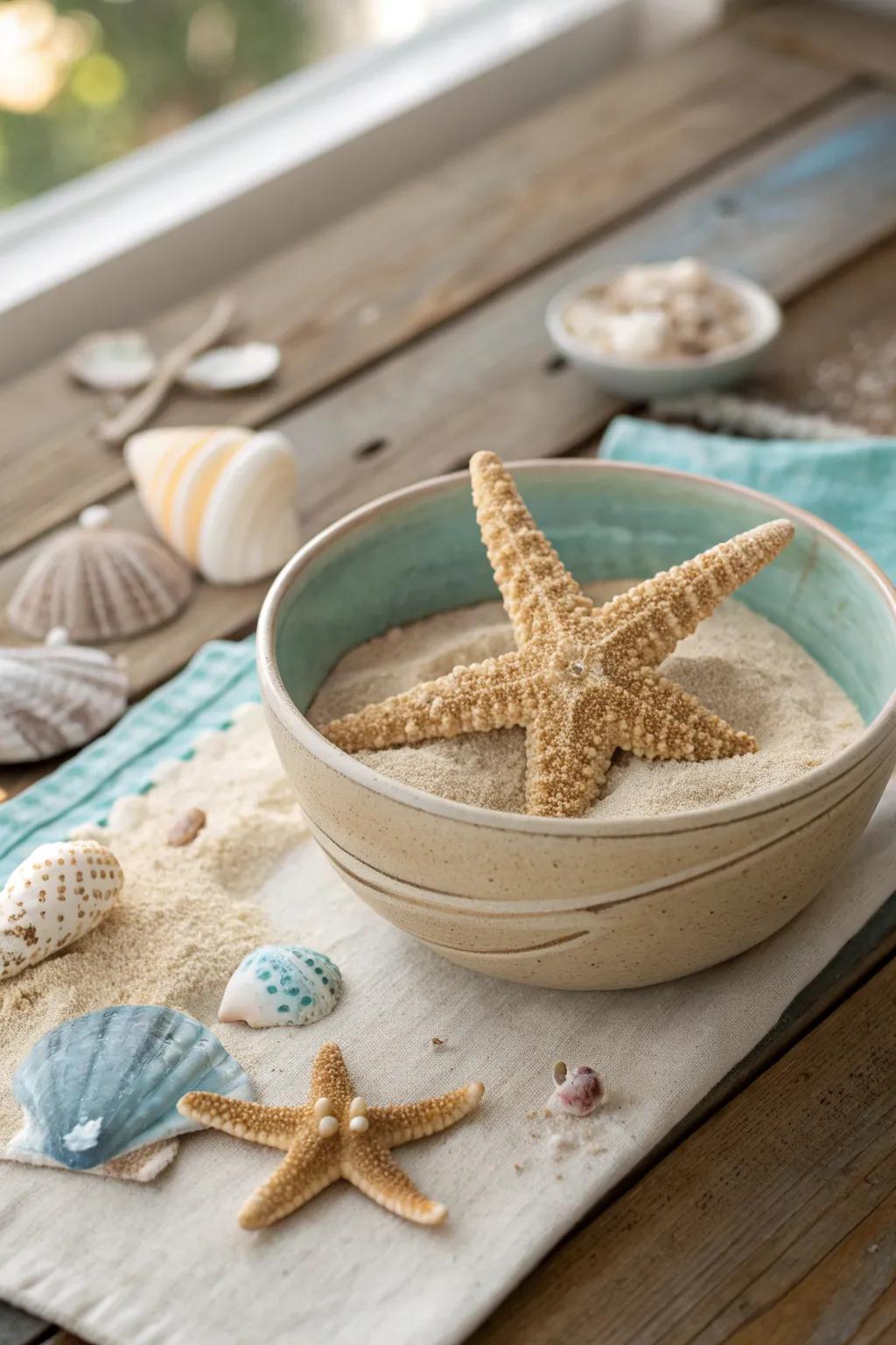 Timeless and elegant, a starfish and sand bowl is a simple way to bring the beach home.