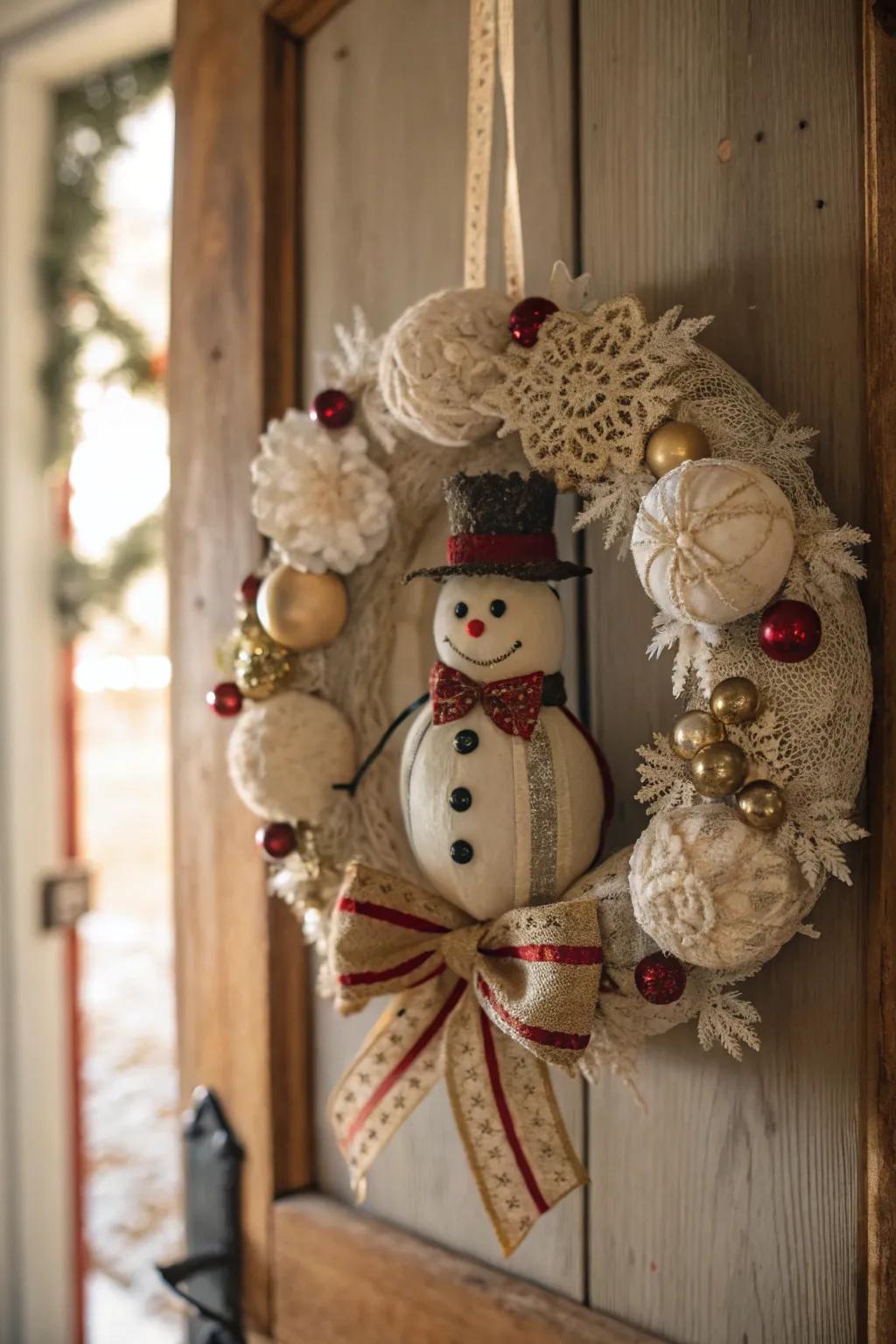 Step back in time with a vintage snowman wreath that's full of nostalgia.