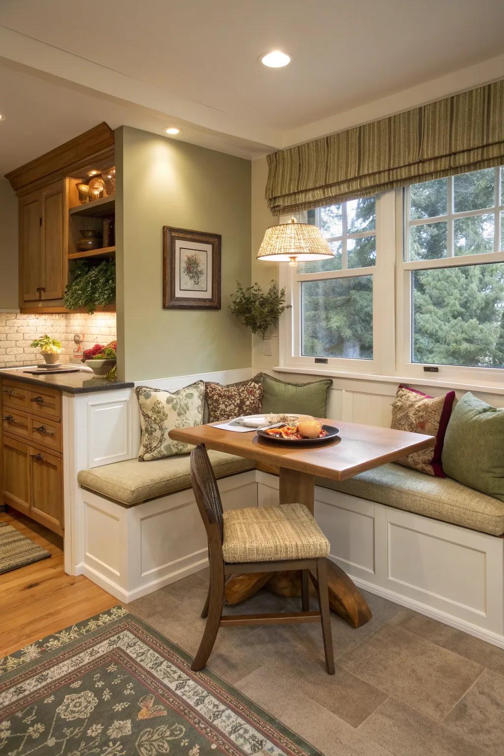 Add a touch of coziness to your kitchen with a charming breakfast nook. 🍽️ #BreakfastNook #CozyCorner #KitchenCharm