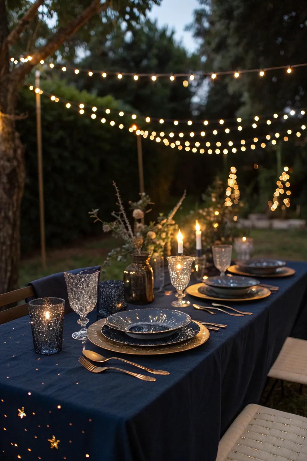 Capture the magic of summer nights with a starry night tablescape that glows with enchanting light. ✨ #StarryNight #SummerEvenings