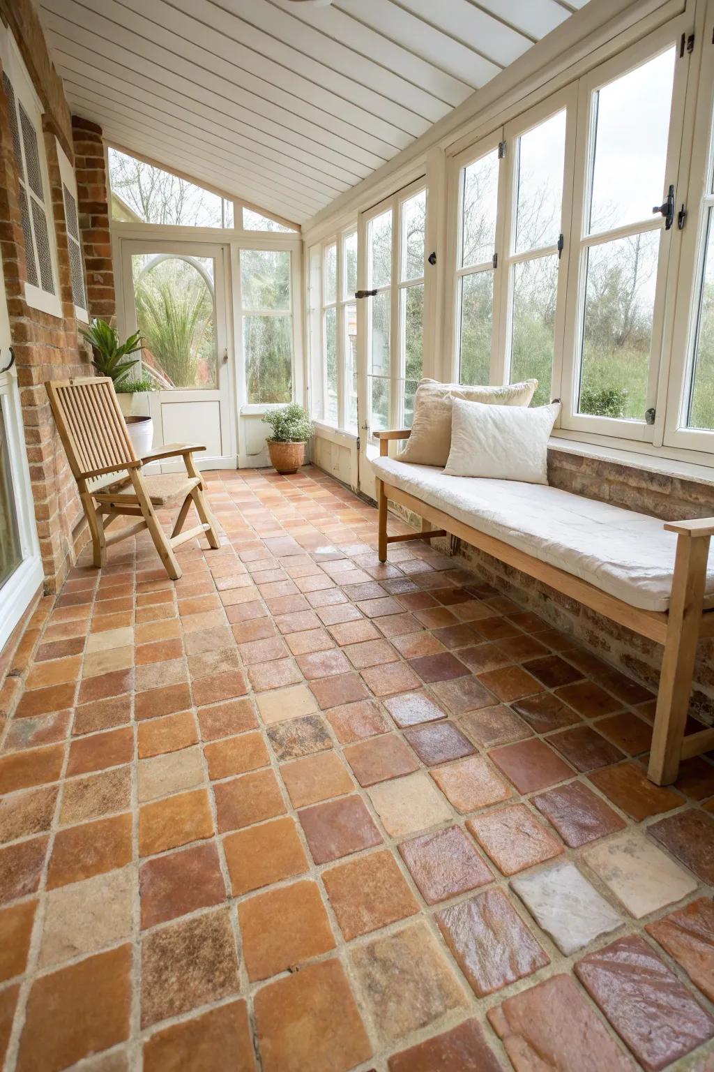 Brick tiles offer rustic charm and a warm, inviting atmosphere in your sunroom.