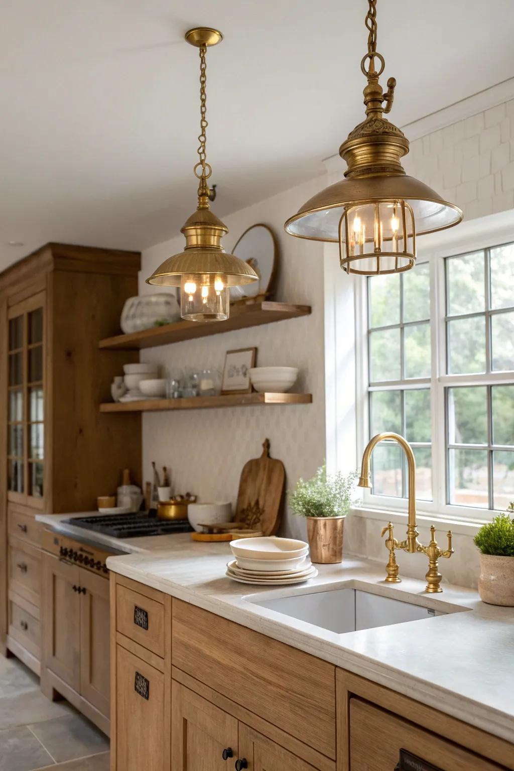 Add timeless elegance to your kitchen with the warm glow of antique brass lighting fixtures.