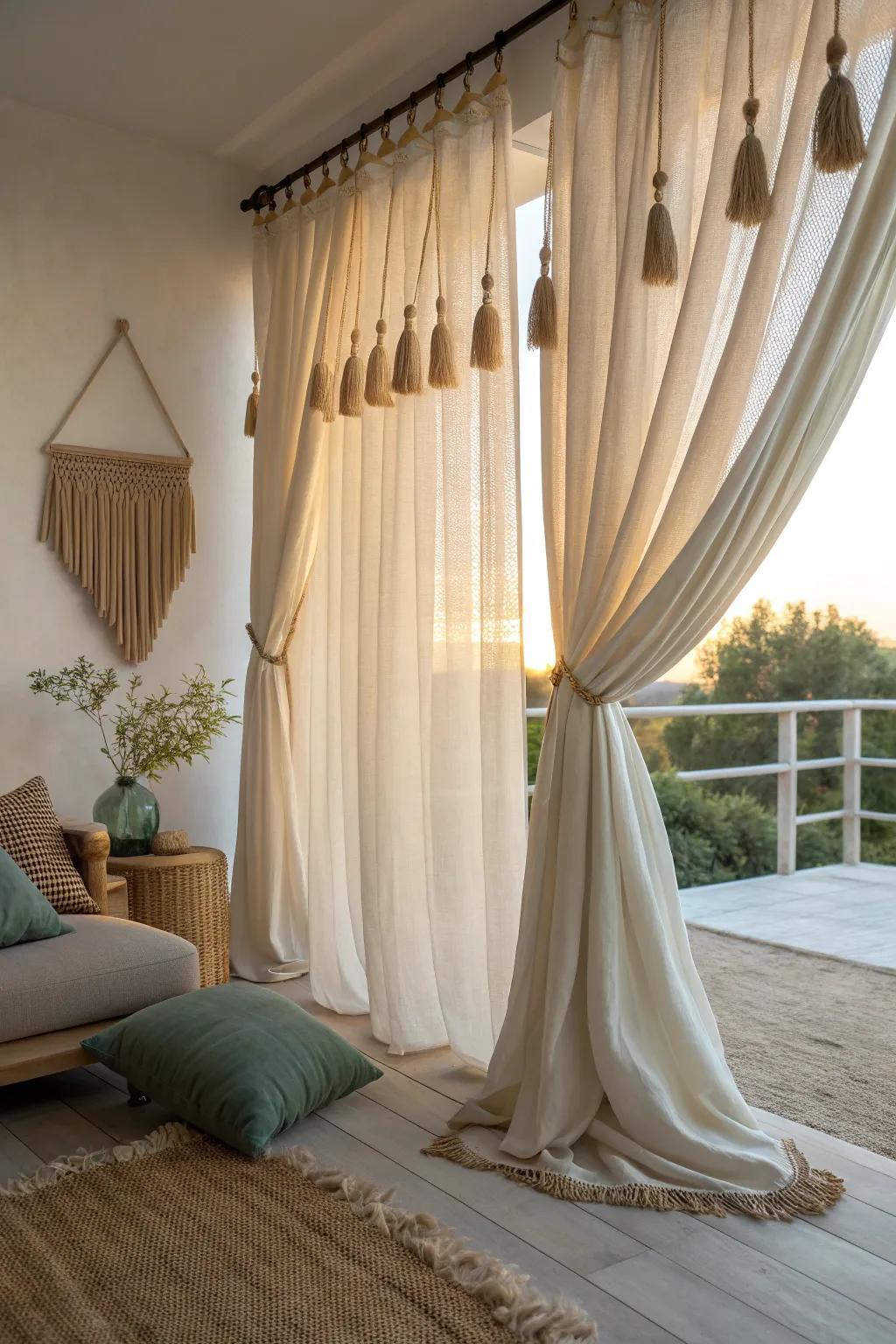 Add a whimsical, bohemian touch to your space with curtains adorned with tassels and fringe. #BohoDecor #WhimsicalVibes