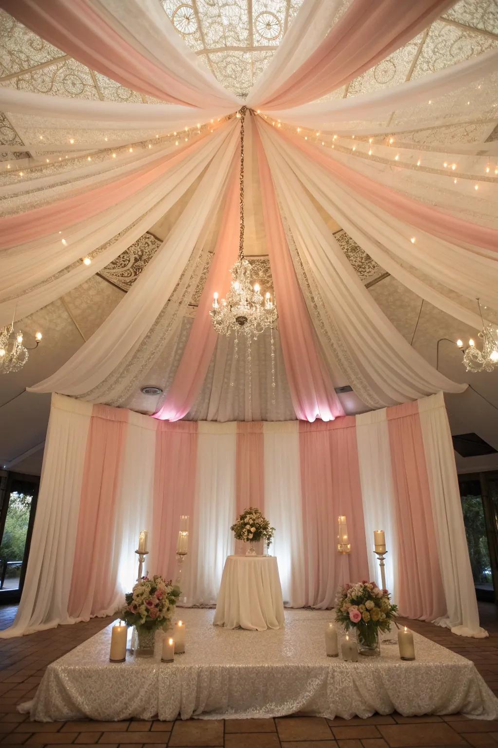 A draped ceiling creates a romantic and intimate atmosphere for your wedding stage.