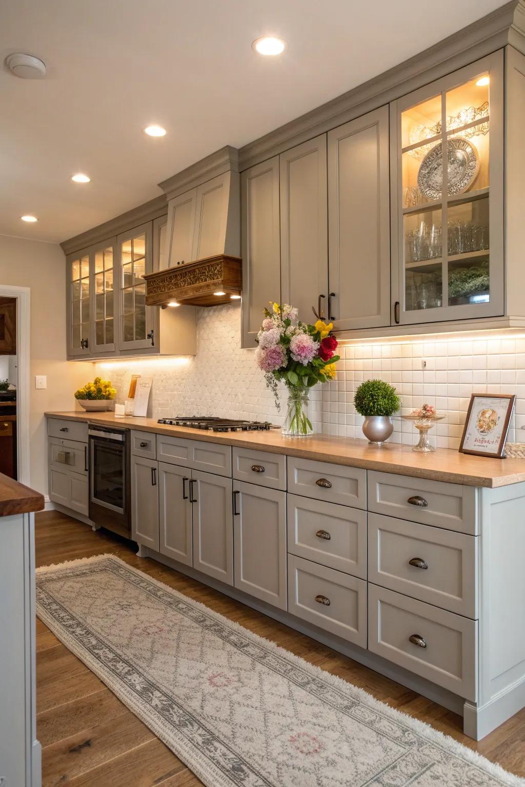 Achieve classic elegance with ivory walls that provide a timeless backdrop for gray cabinets.