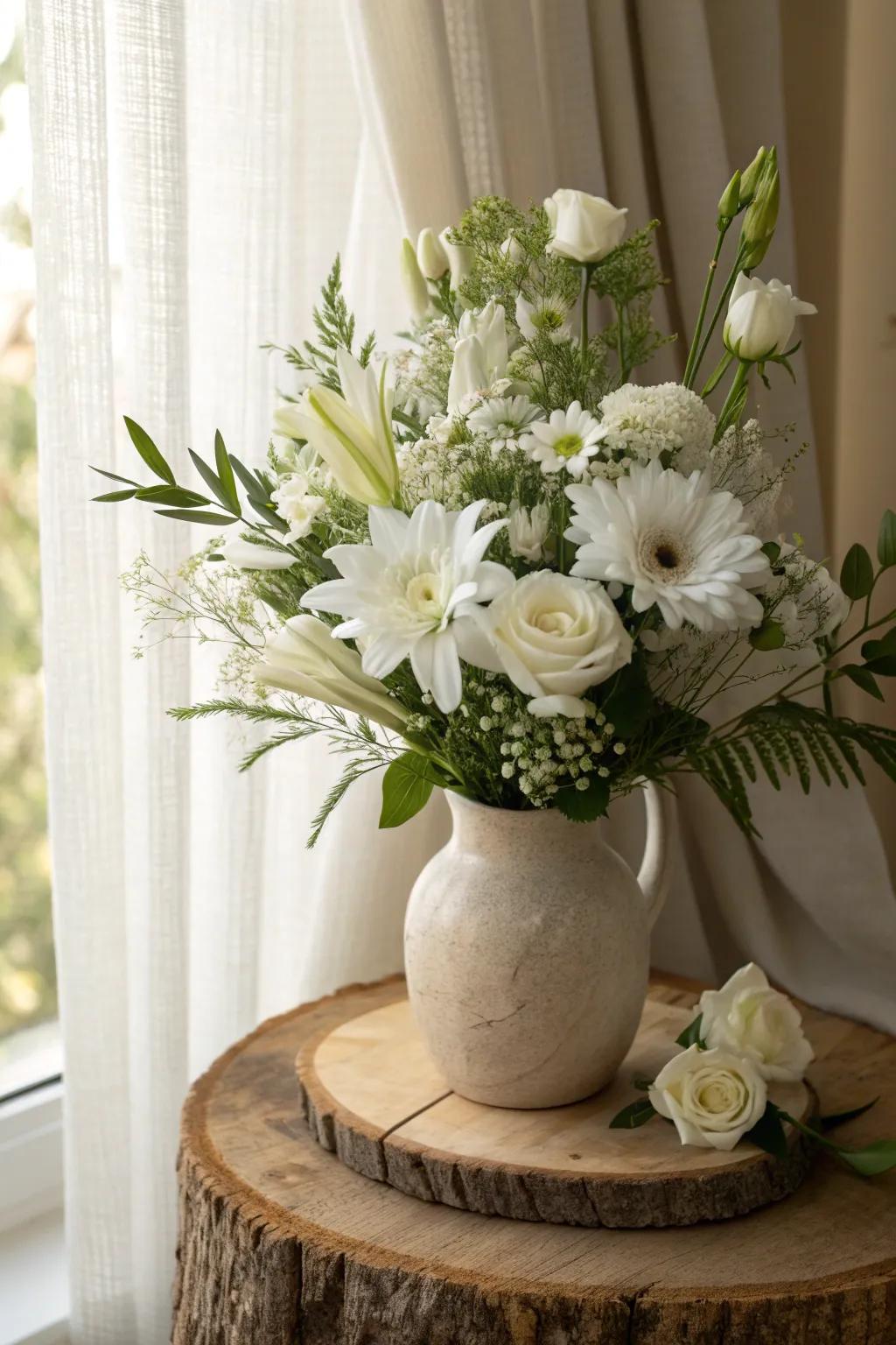 Eclectic beauty: A mix of white flowers creates a lively yet harmonious home display.