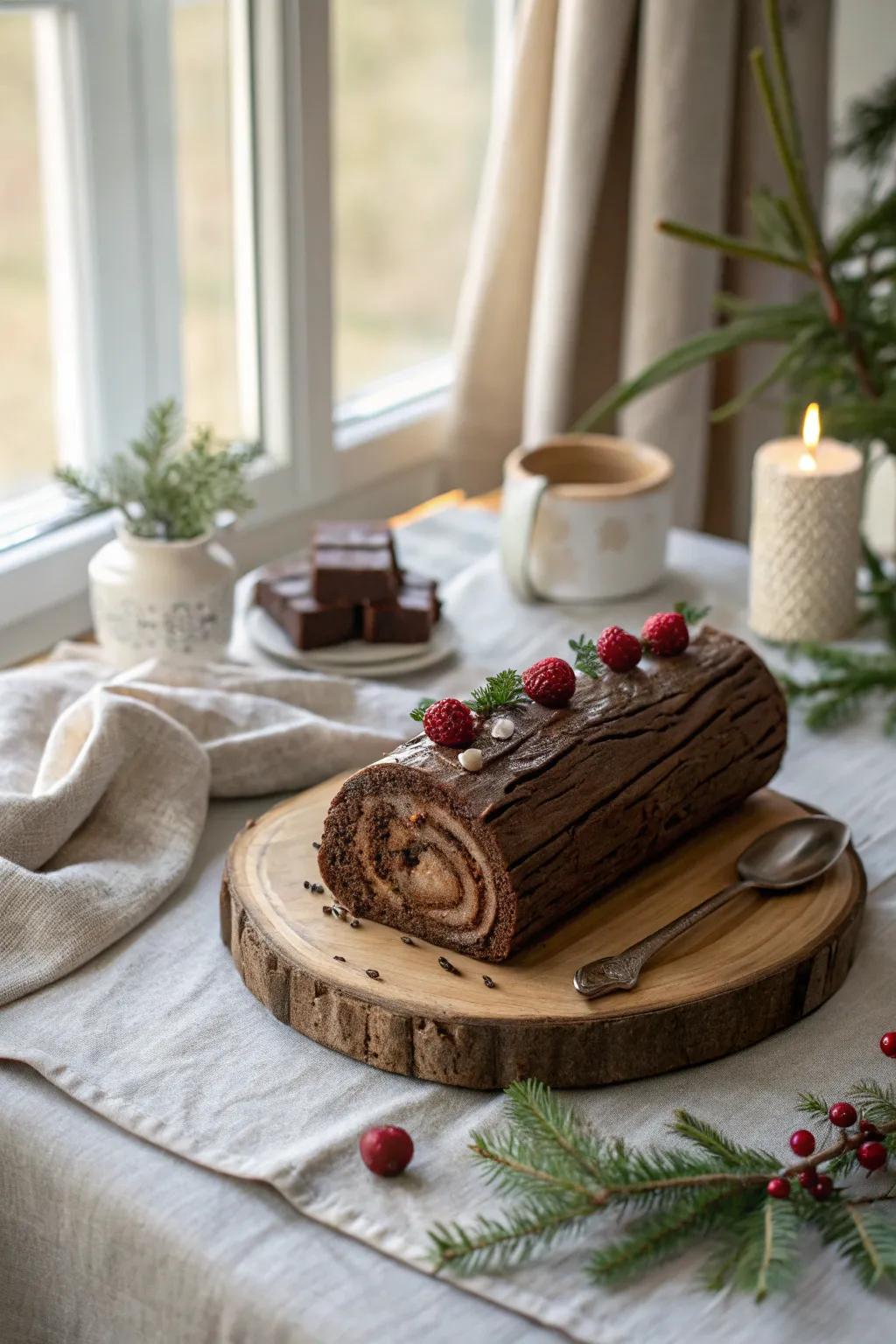 Indulge in the sweet tradition of an edible yule log cake that's as delicious as it is beautiful.