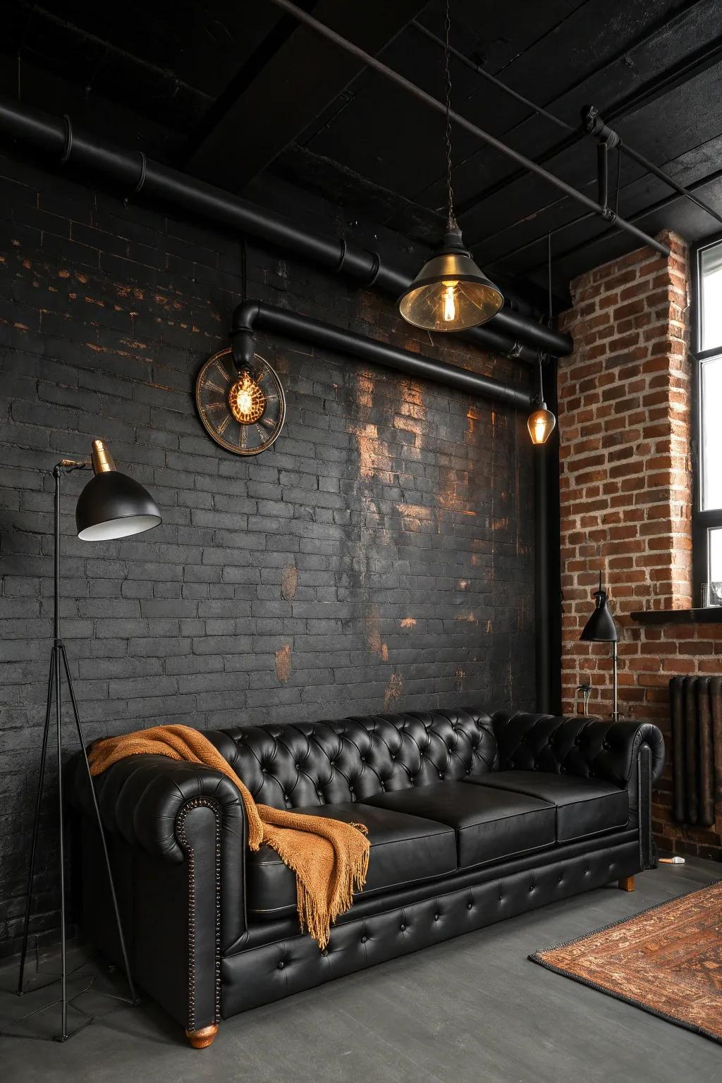 Industrial elements like exposed brick add an edgy vibe to this bold black room. #IndustrialDesign #EdgyInteriors