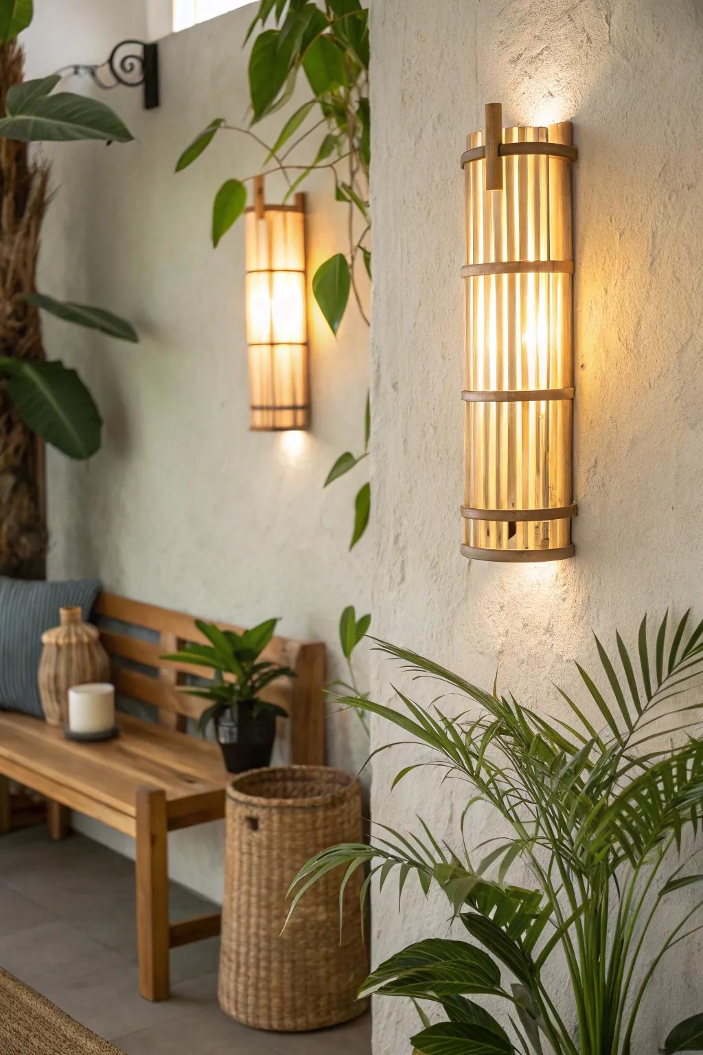 Illuminate your path with bamboo sconces that offer a serene, natural touch. 🌾 #LightingDesign #HomeInspiration