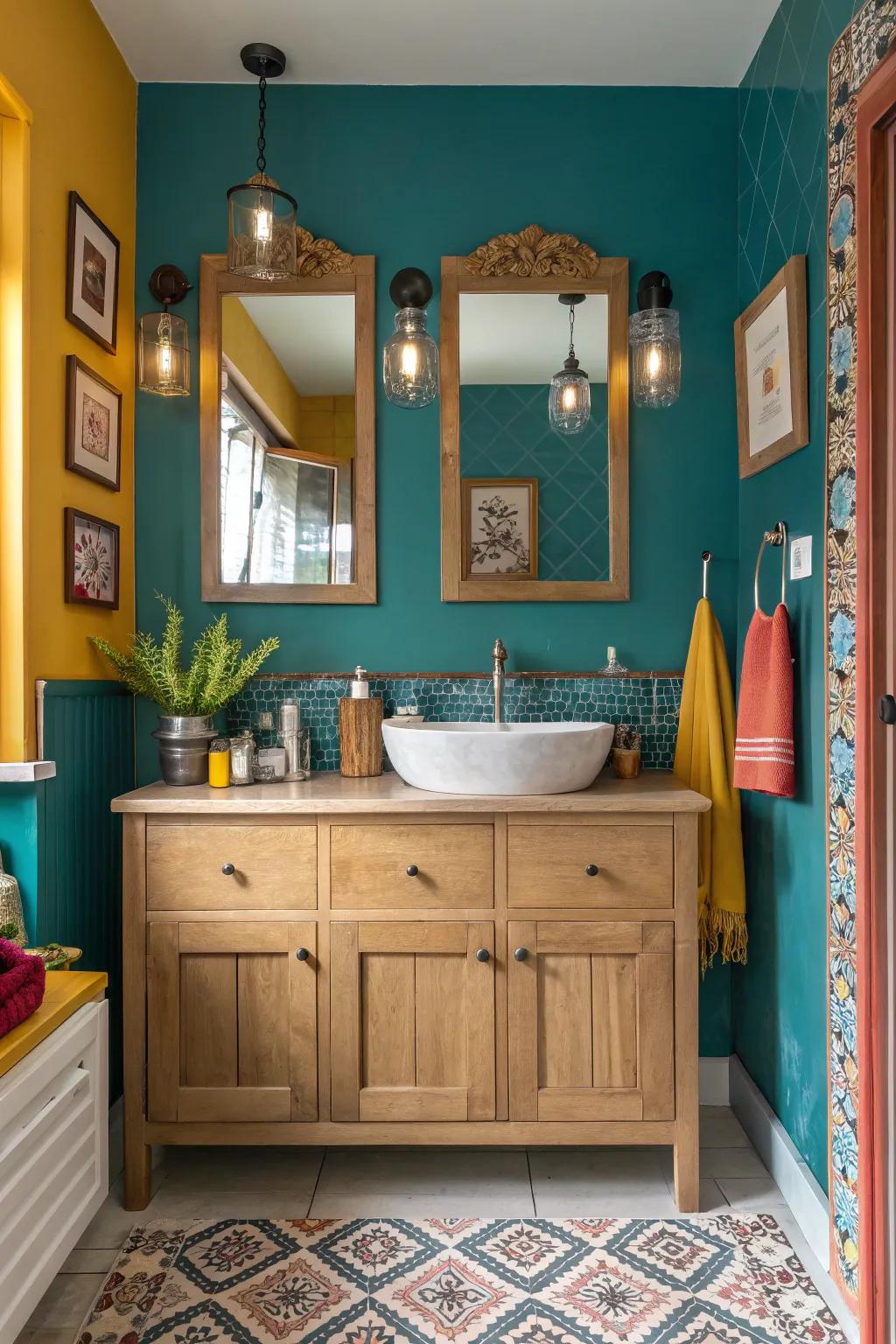 An eclectic mix of styles with oak cabinets results in a personalized and unique bathroom space.