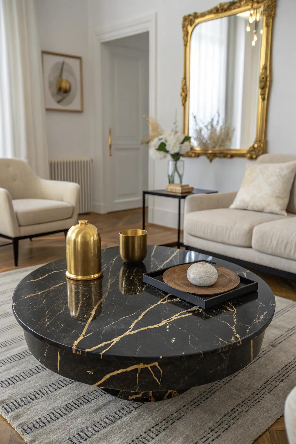 Unexpected materials like black marble with gold veins add a luxurious surprise. #MarbleDecor #LuxuriousInteriors