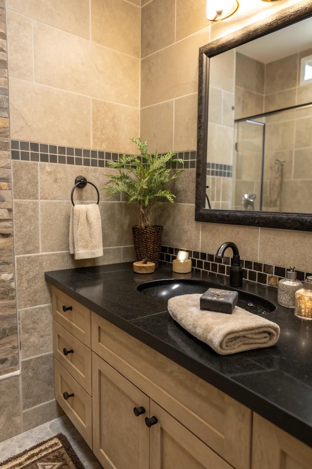 Achieve harmony with earth tones complementing sleek black countertops.