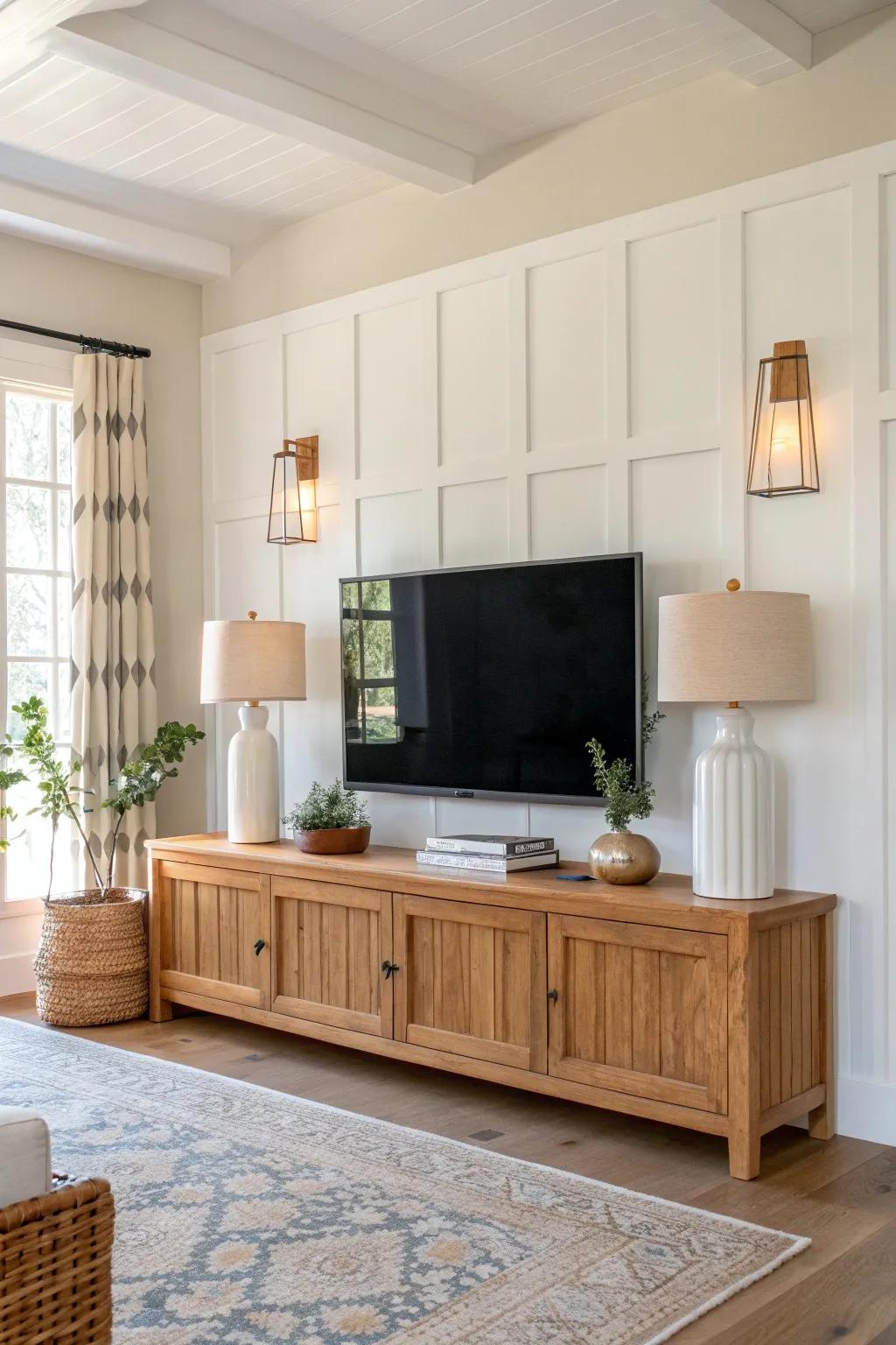 Create harmony and balance with symmetrical decor around your centered TV.