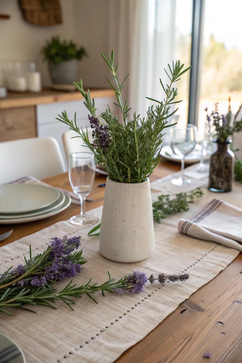 Infuse your table with the scent and beauty of fresh herbs for a natural and inviting decor.