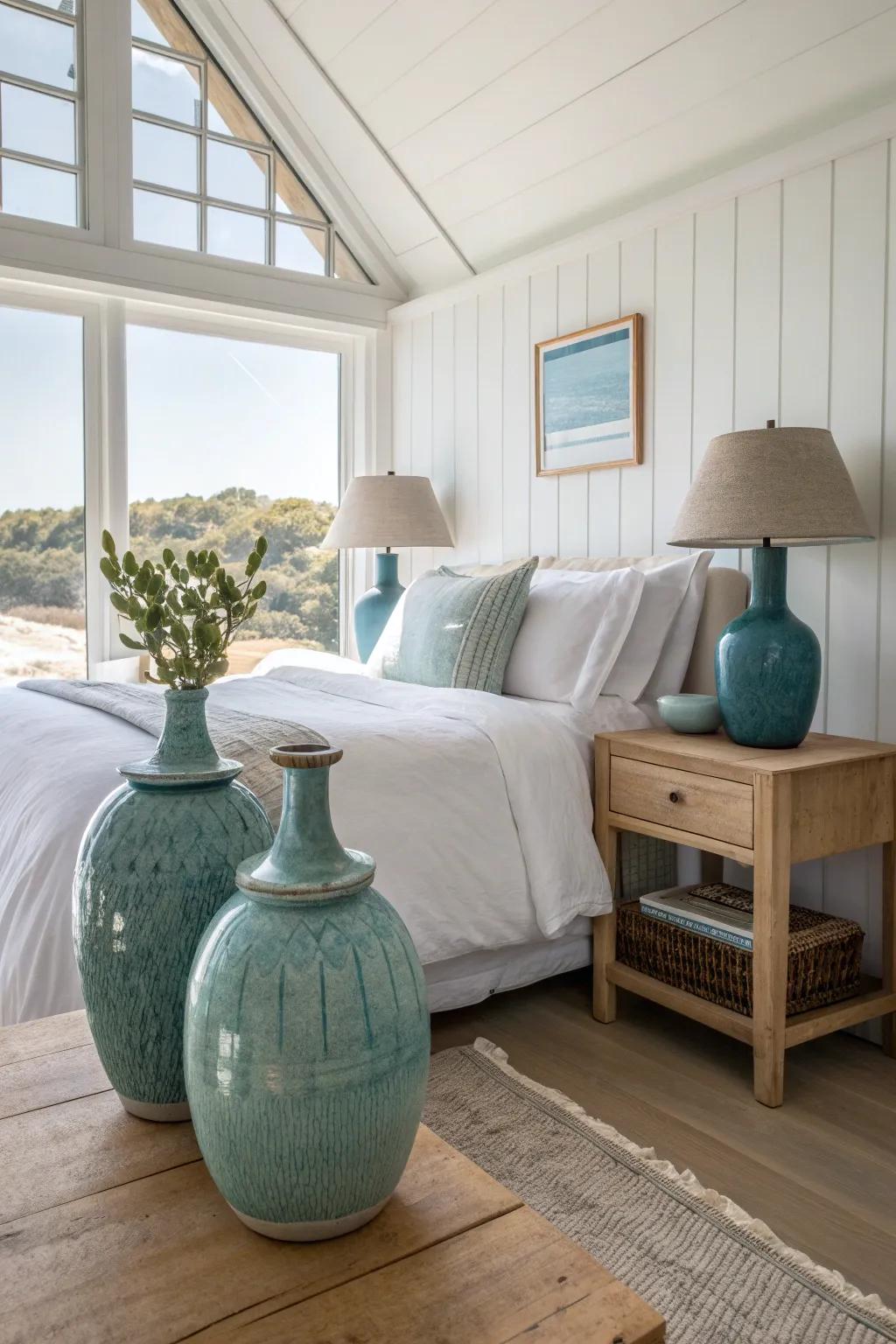 Ceramic vases in ocean hues add elegance and a pop of color to your decor.