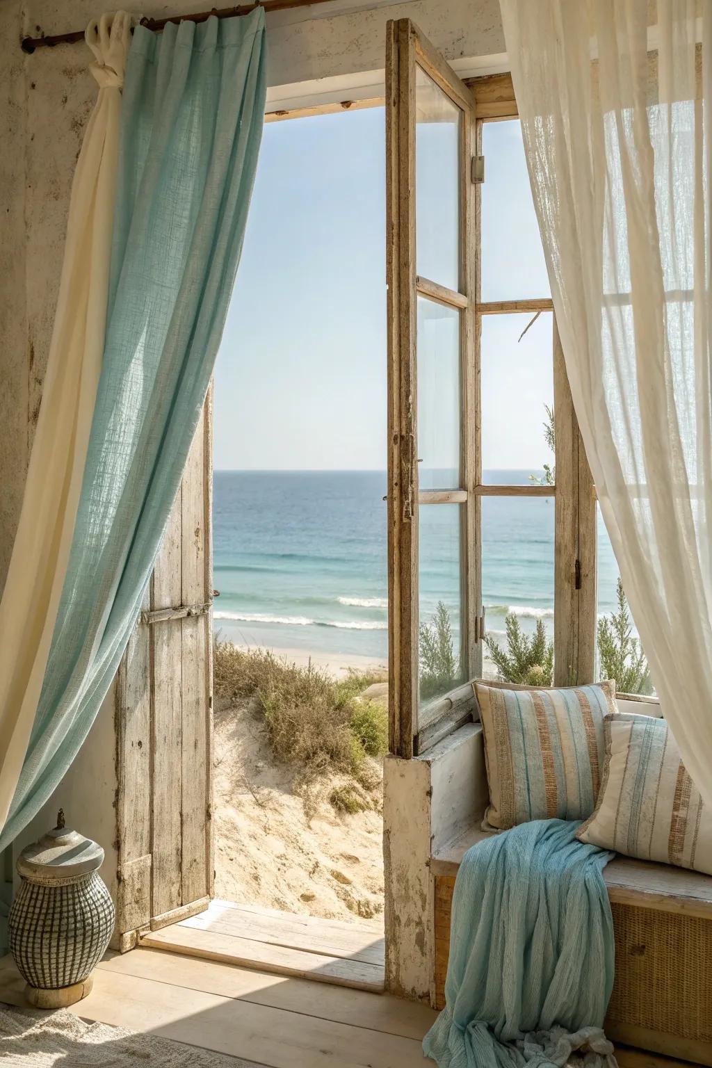 Introduce vintage charm with weathered, elegant curtains.