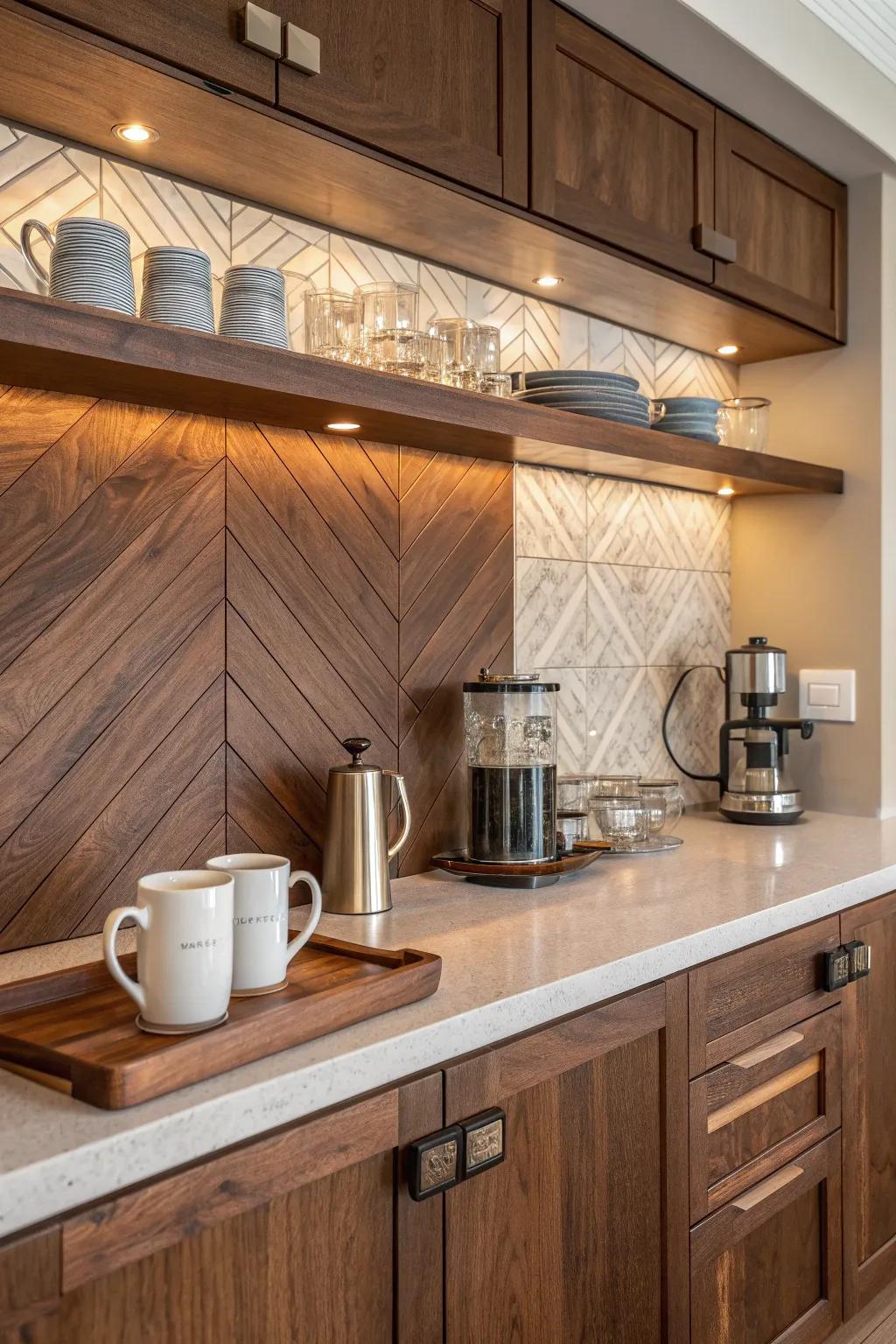 Introduce warmth with a wood backsplash that brings cozy charm. 🌻 #NaturalBeauty #InteriorDesign