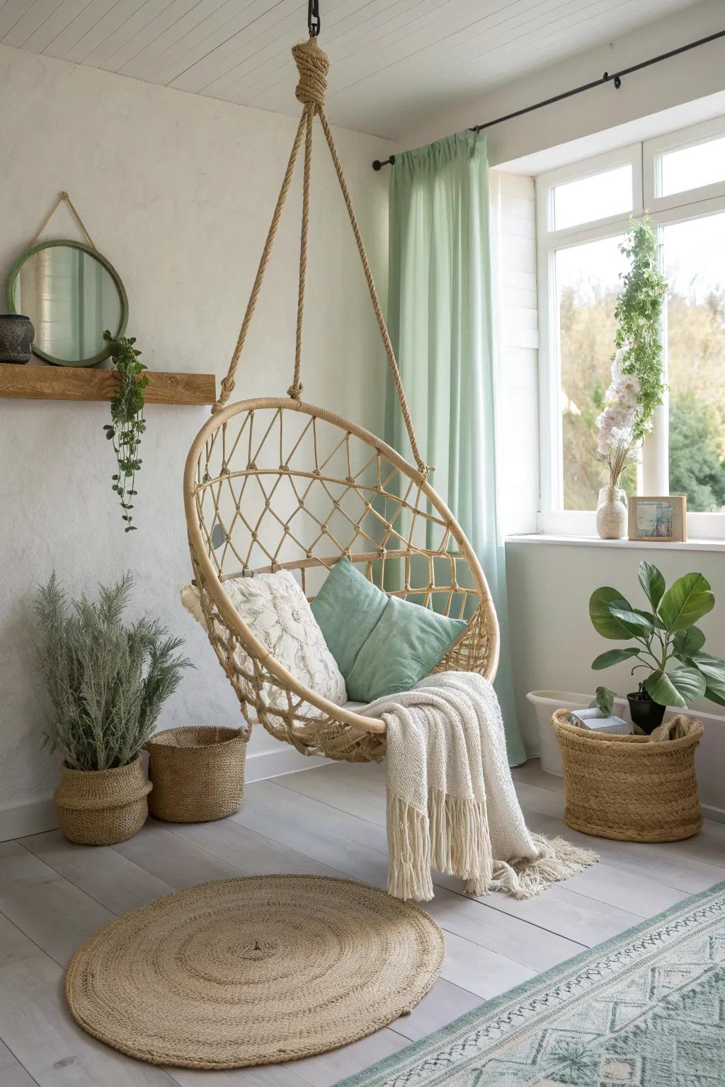 Add a whimsical touch to your space with a hanging chair that promises style and serenity. #WhimsicalSeating #HomeDesign