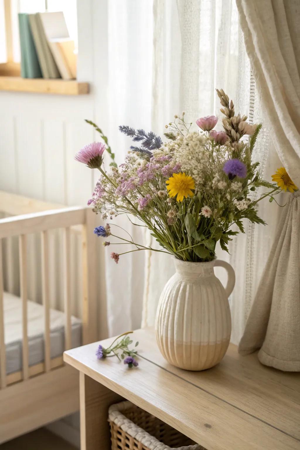 Wildflower arrangements add a vibrant touch of nature to your nursery. #Wildflowers #RusticNursery #InteriorInspo