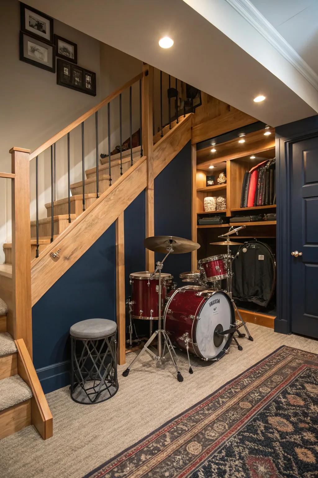 Utilize every inch beneath the stairs for smart drum storage solutions.