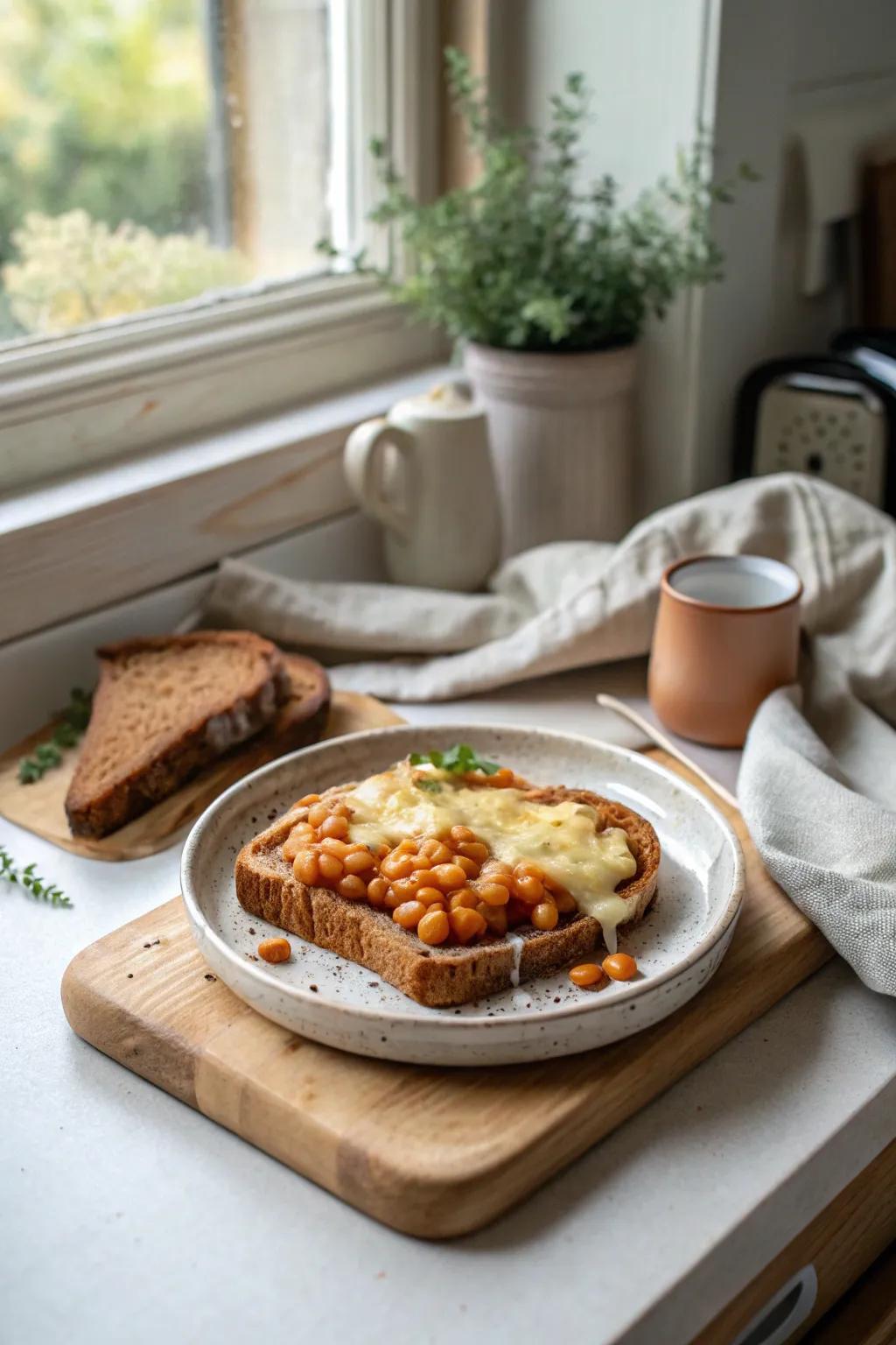 Enjoy the simple pleasures of cheesy beans on toast, a comforting classic that never disappoints.
