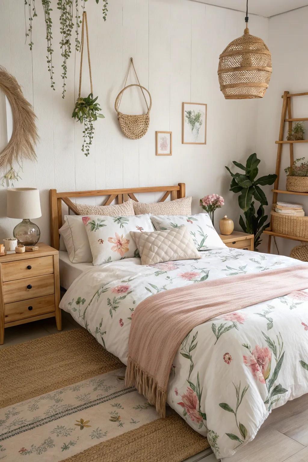 An eclectic floral mix creates a unique and personalized bedroom space.