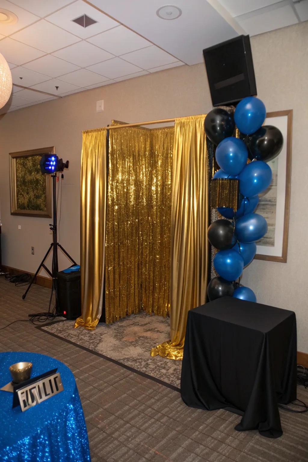 Capture the joy of the day with a gold-themed photo booth that provides endless fun. 📸🌟 #PhotoBooth #PartyFun