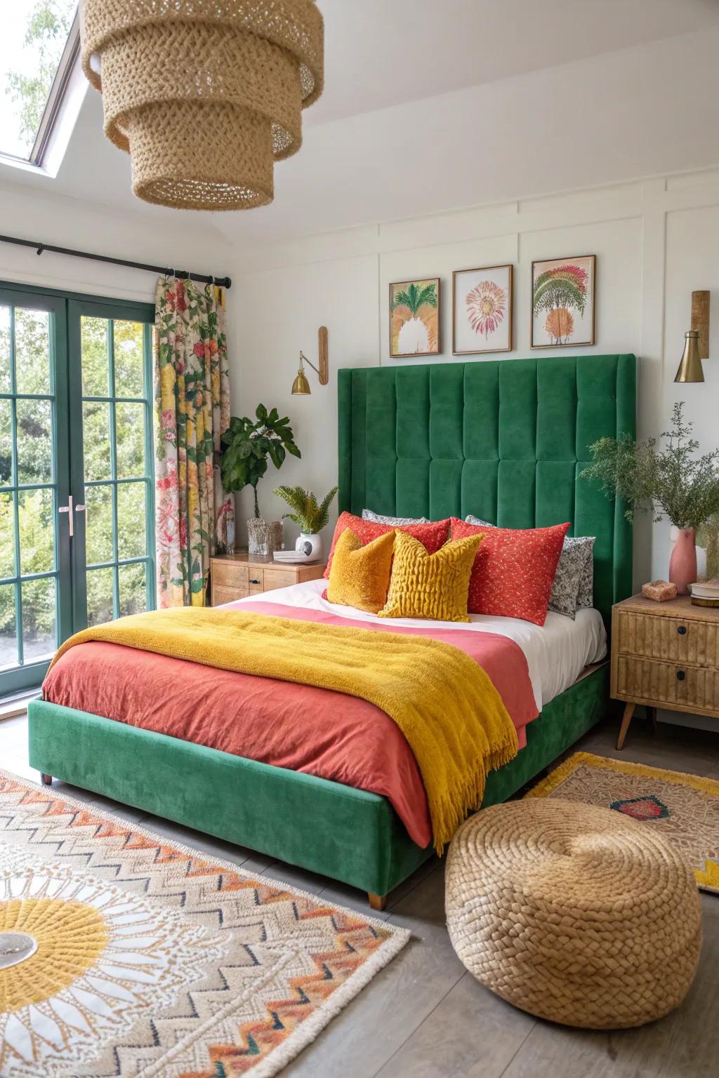 Embrace your unique style with an eclectic mix that complements your green headboard beautifully.