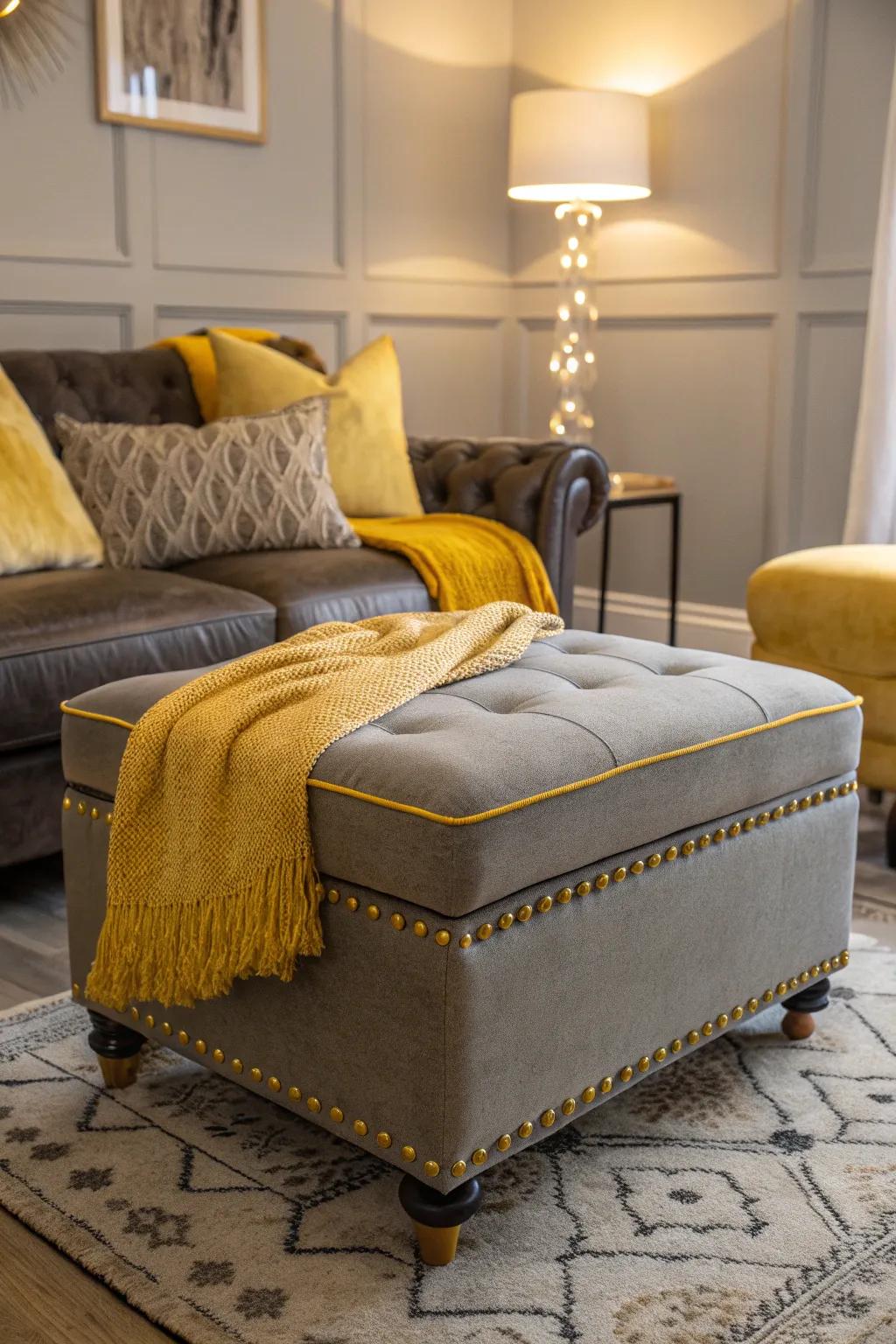 Enhance your space with a grey ottoman featuring distinctive yellow trim.
