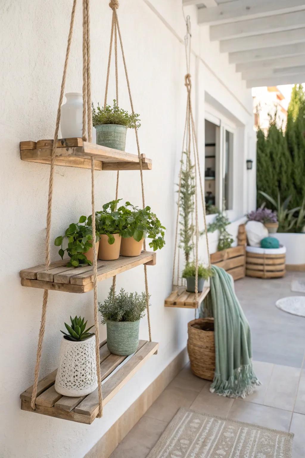 Sustainable and stylish, pallet shelves showcase your love for plants and nature. 🌱 #SustainableDecor #GardenIdeas