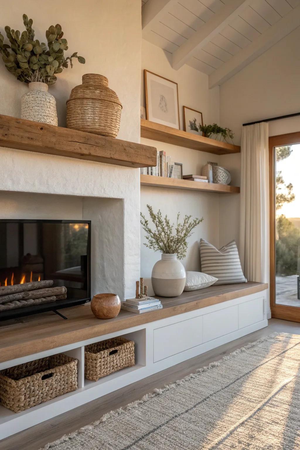 Floating shelves offer stylish storage and display space.