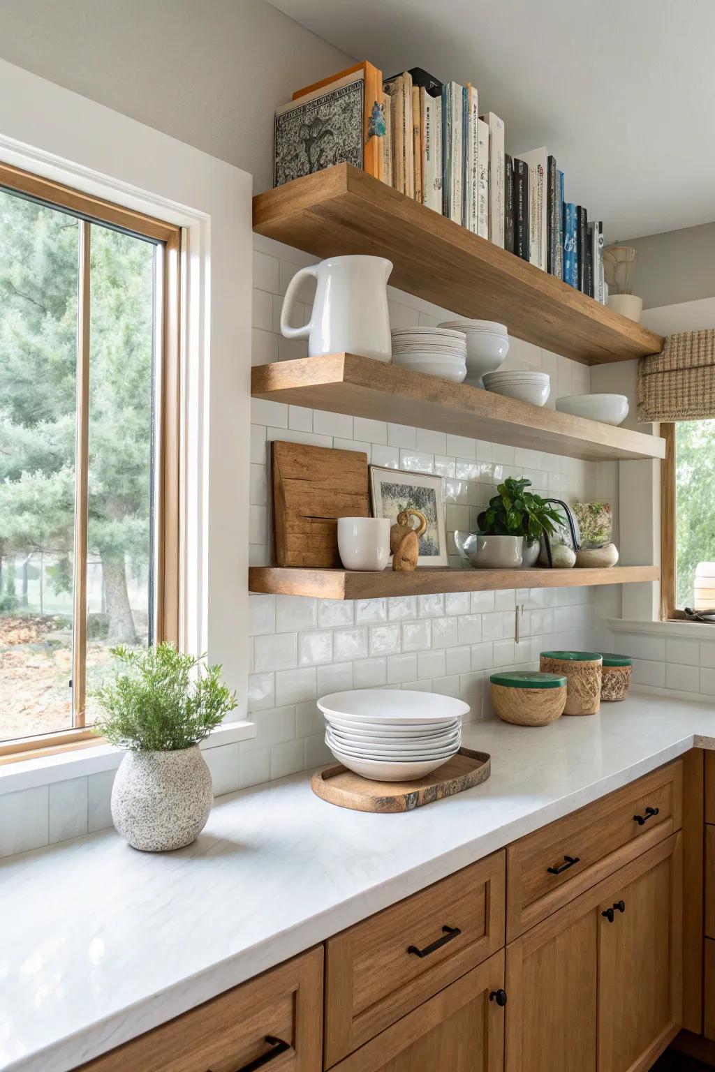 Floating shelves offer both style and storage in your kitchen. #FloatingShelves #KitchenStorage