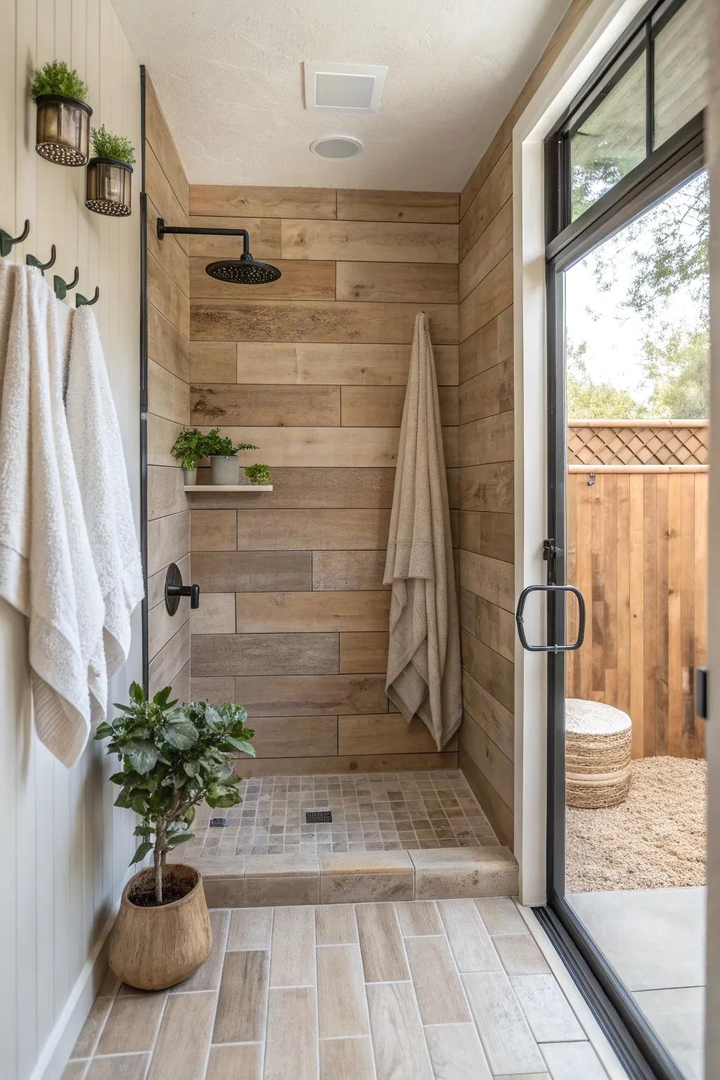 Enjoy the beauty of wood in your shower with practical wood-look tiles.