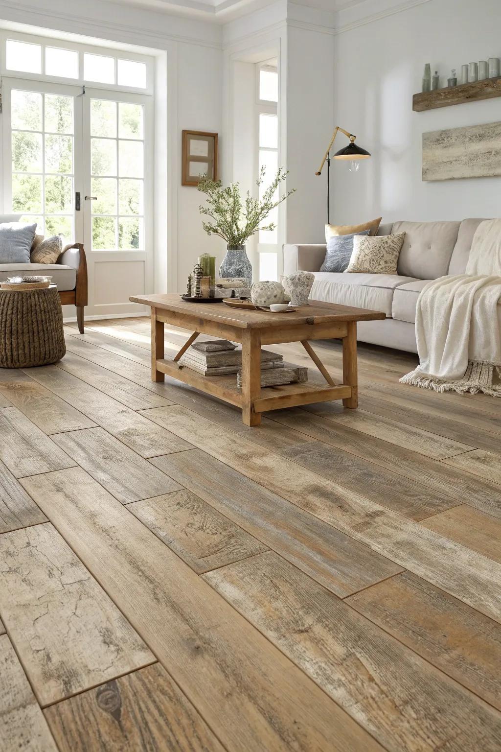 Reclaimed wood-look laminates bring vintage charm into modern homes.