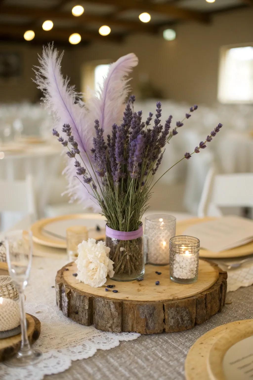 Lavender and feather details add a whimsical, bohemian touch to your wedding decor.