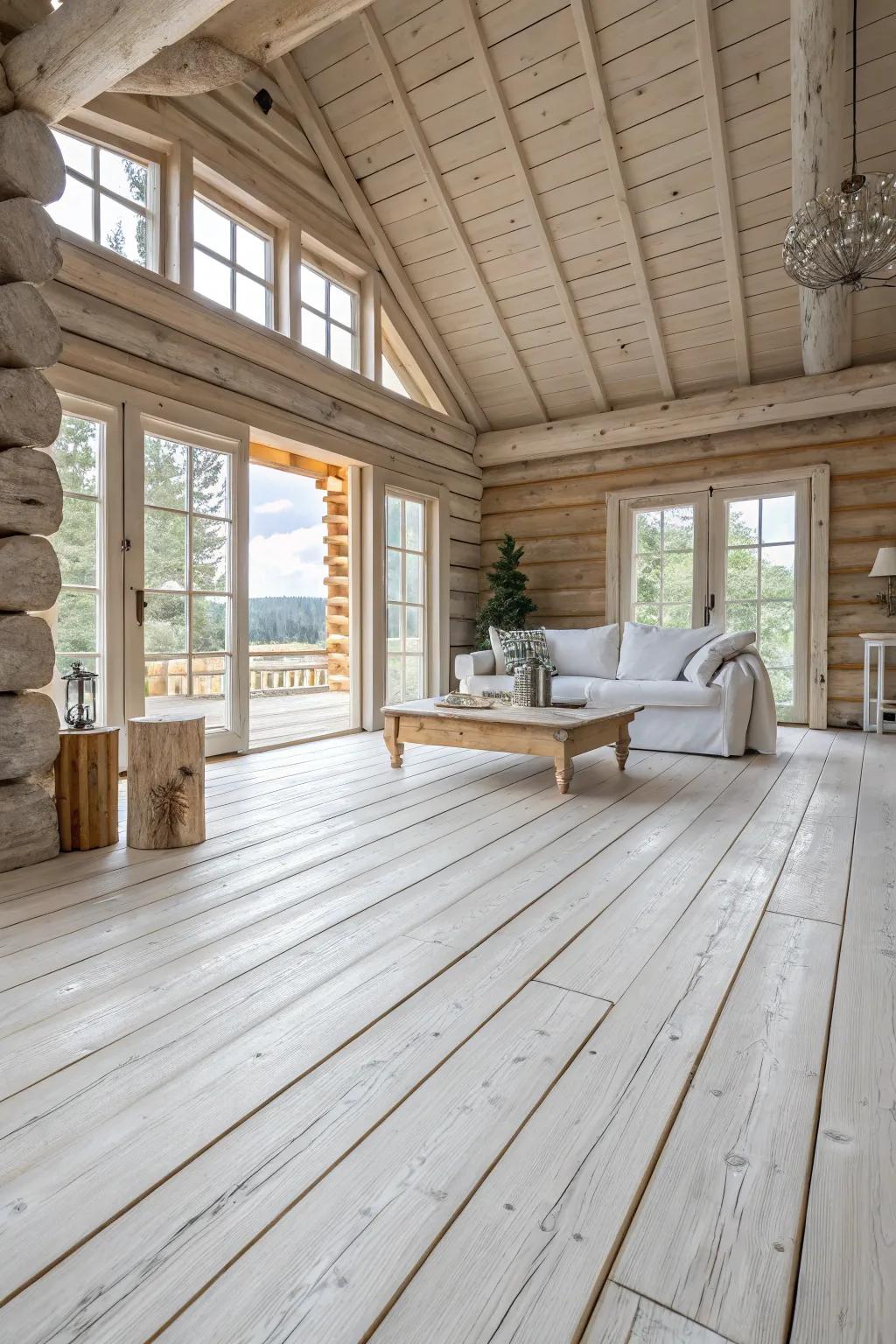 Whitewashed wood floors bring contemporary elegance to rustic settings.