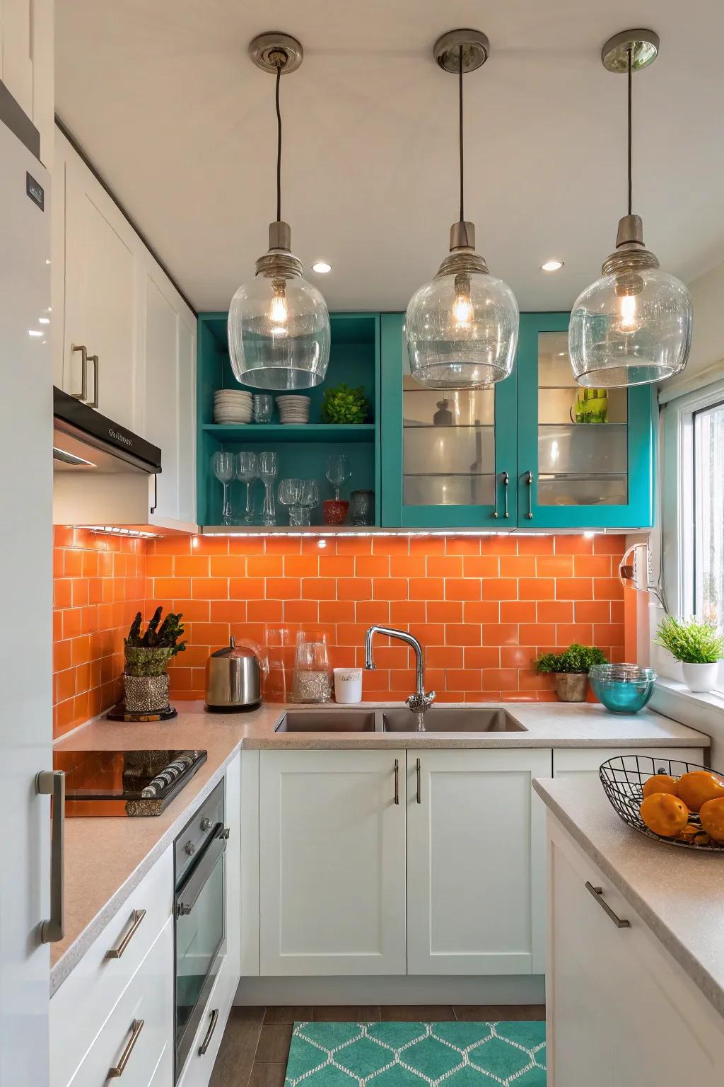 Glass fixtures offer bright illumination while keeping the kitchen light and airy.