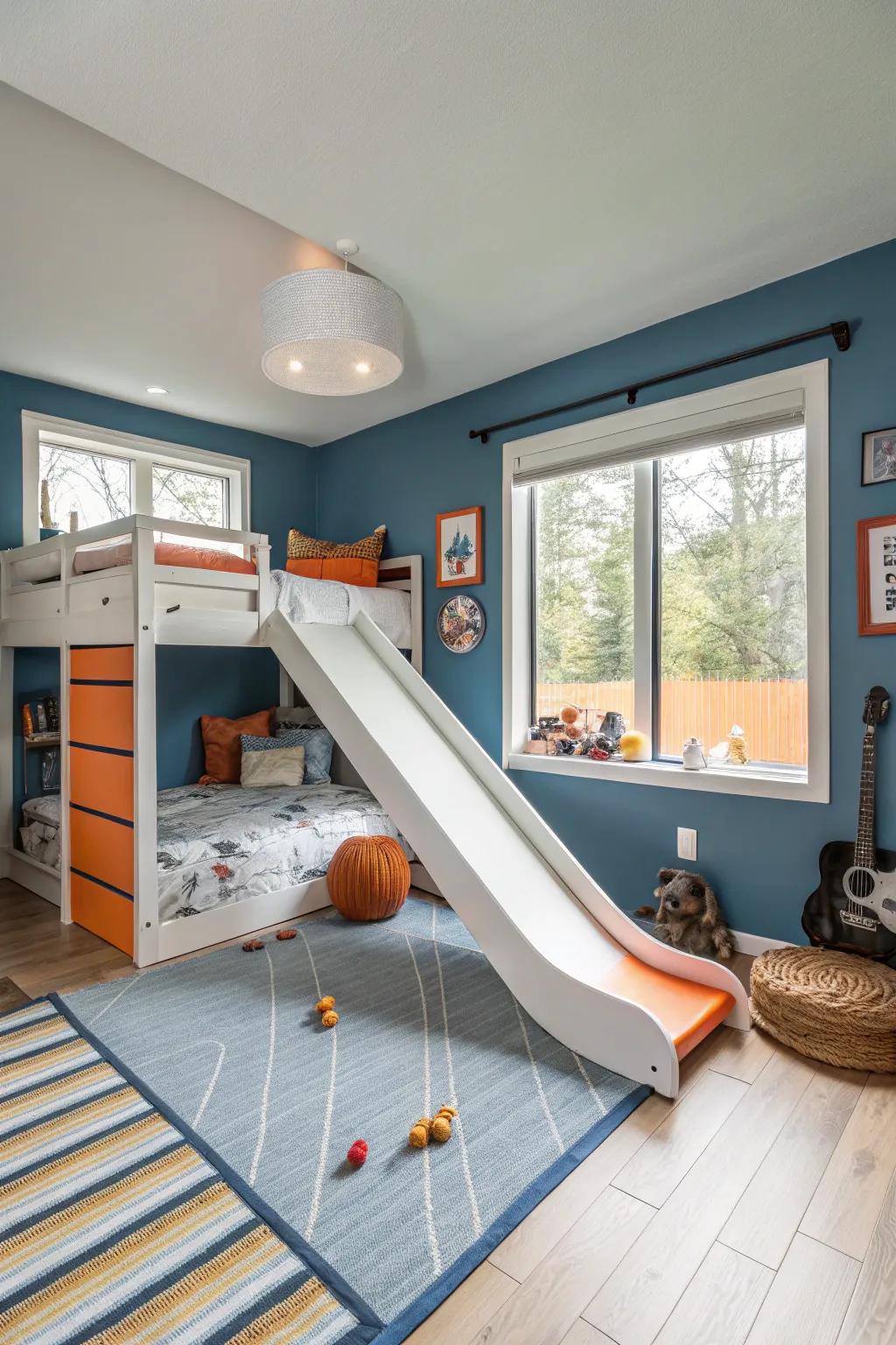 Add a playful twist with a slide from the loft bed, turning mornings into fun starts. 🛝 #PlayfulDesign #KidsRoom #ImaginativeSpaces