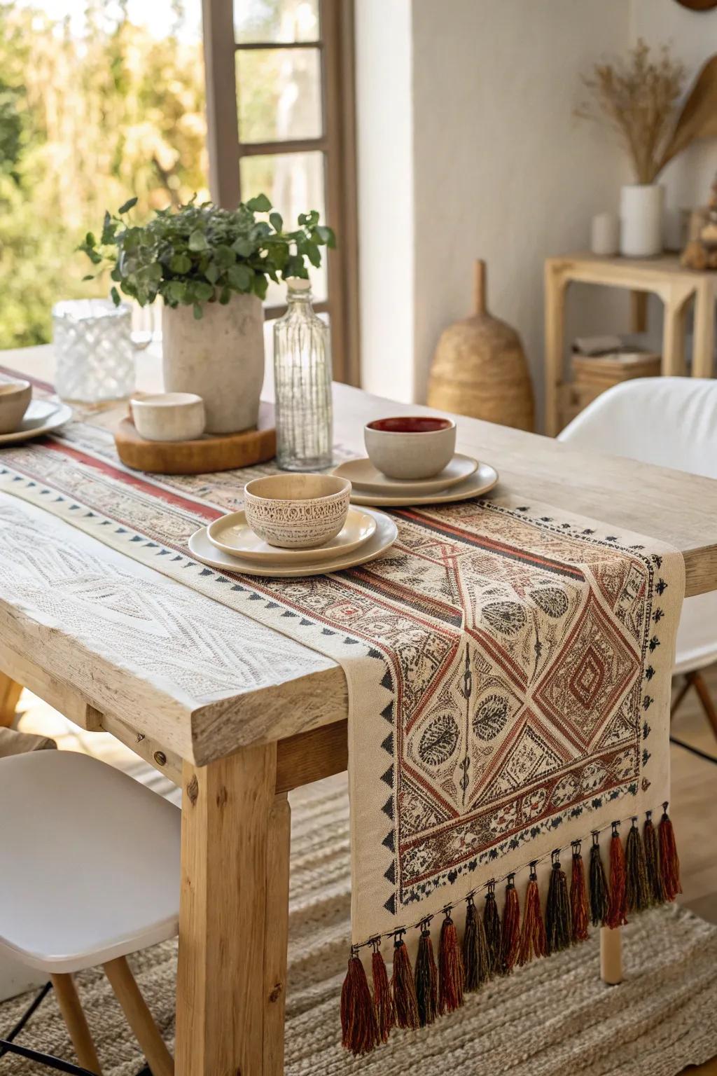 Embrace boho vibes with a rich, patterned table runner that exudes free-spirited style.
