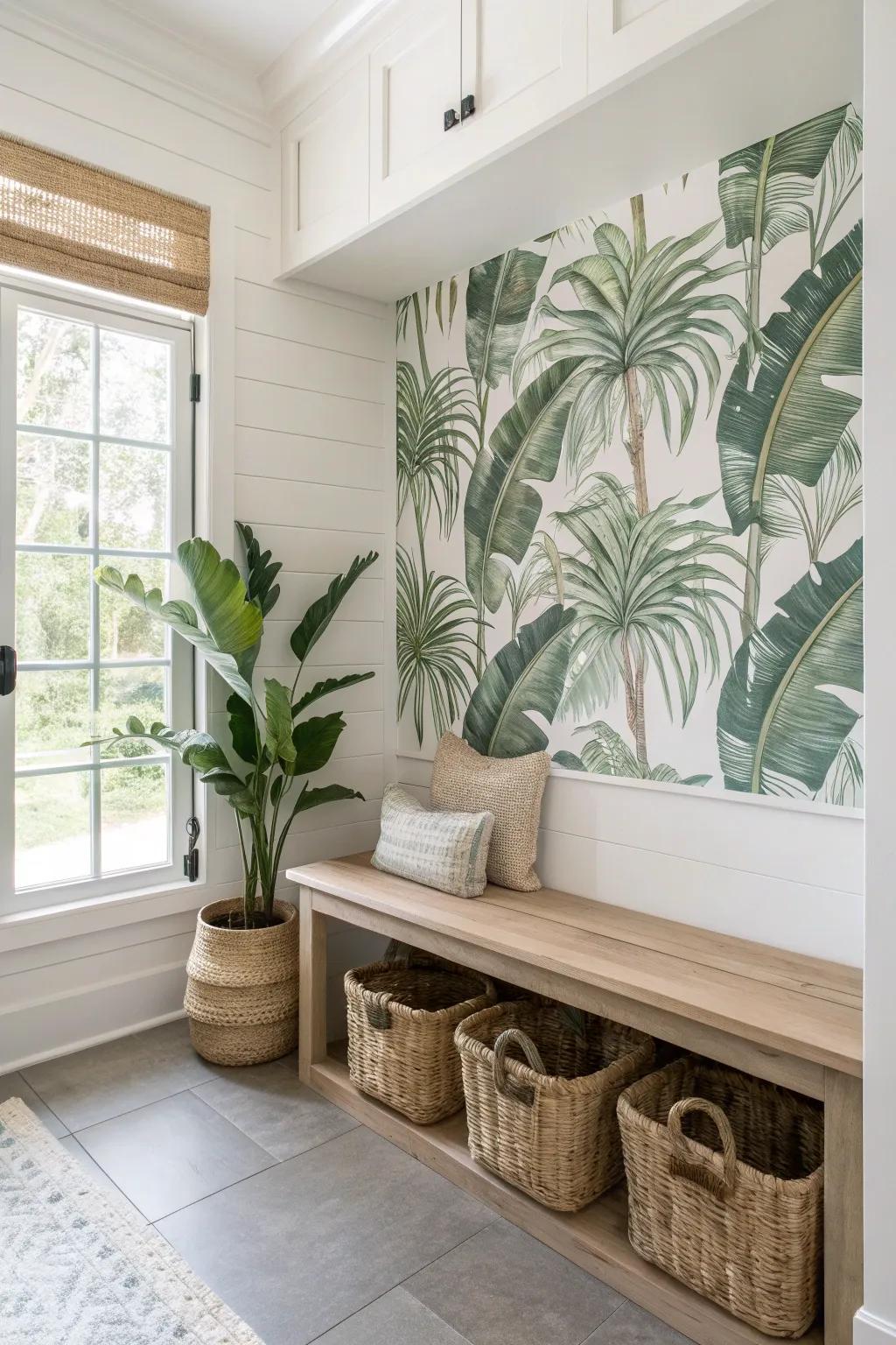 Transform your mudroom into a tropical paradise with vibrant designs that wow. 🌴 #TropicalEscape #InteriorInspo